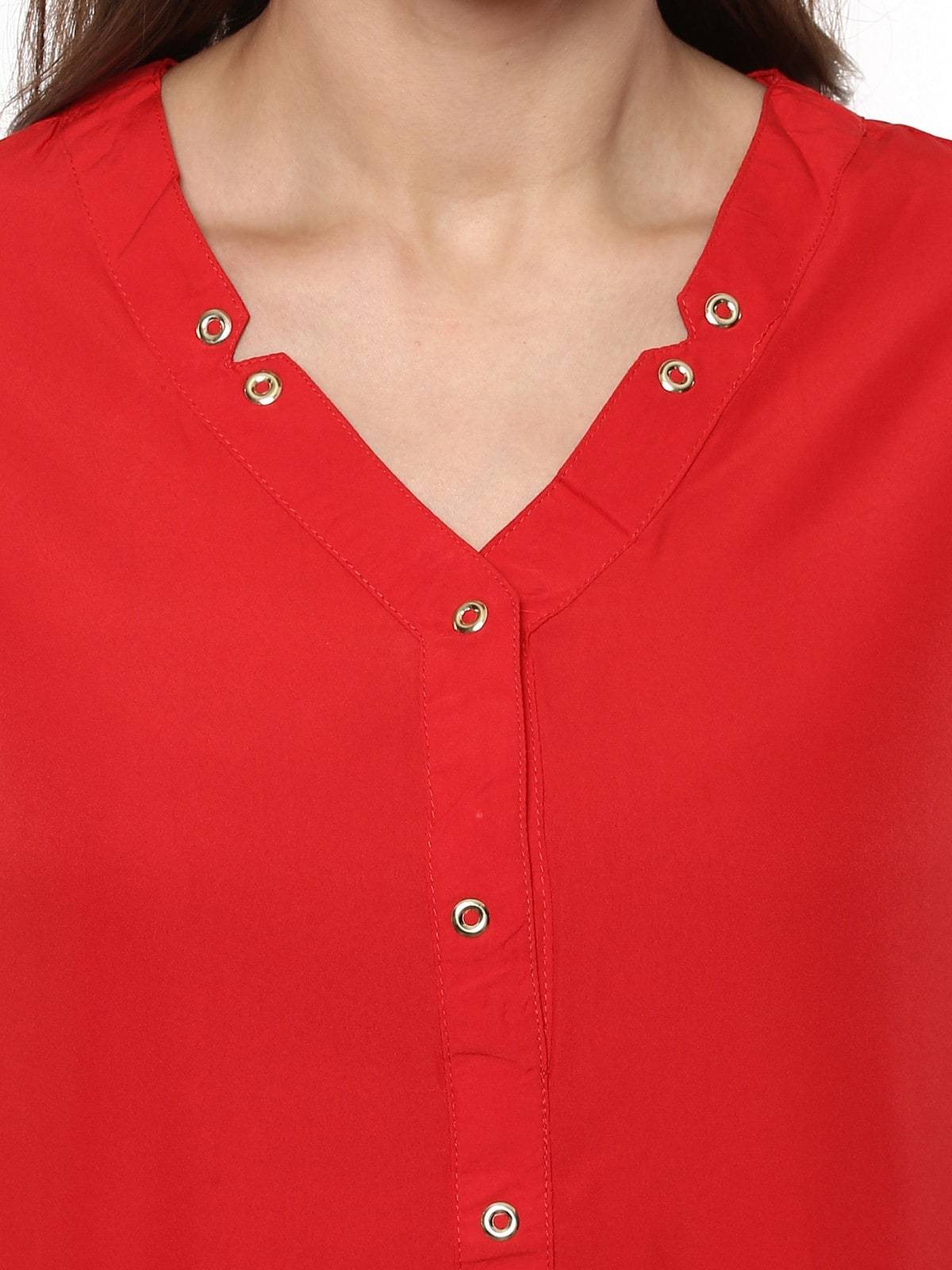 Women's Red Shirt Top With Detailed Notch Designs - Pannkh