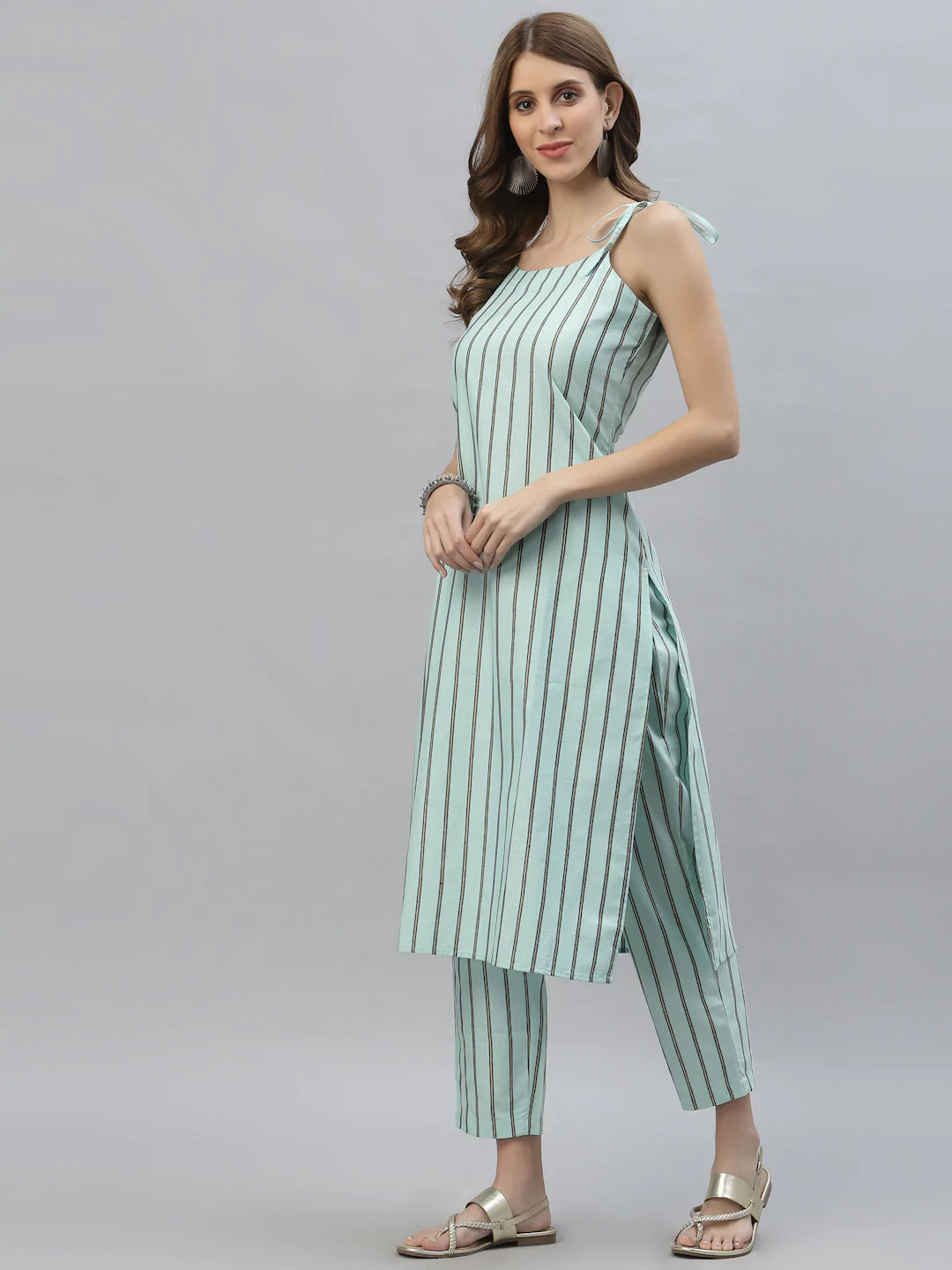 Women's Striped Cotton Blend Straight Kurta Pant Set - Navyaa