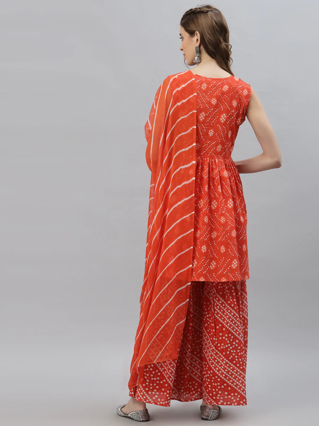 Women's Bandhej Printed Cotton Flared Short Kurta Sharara Dupatta Set - Navyaa