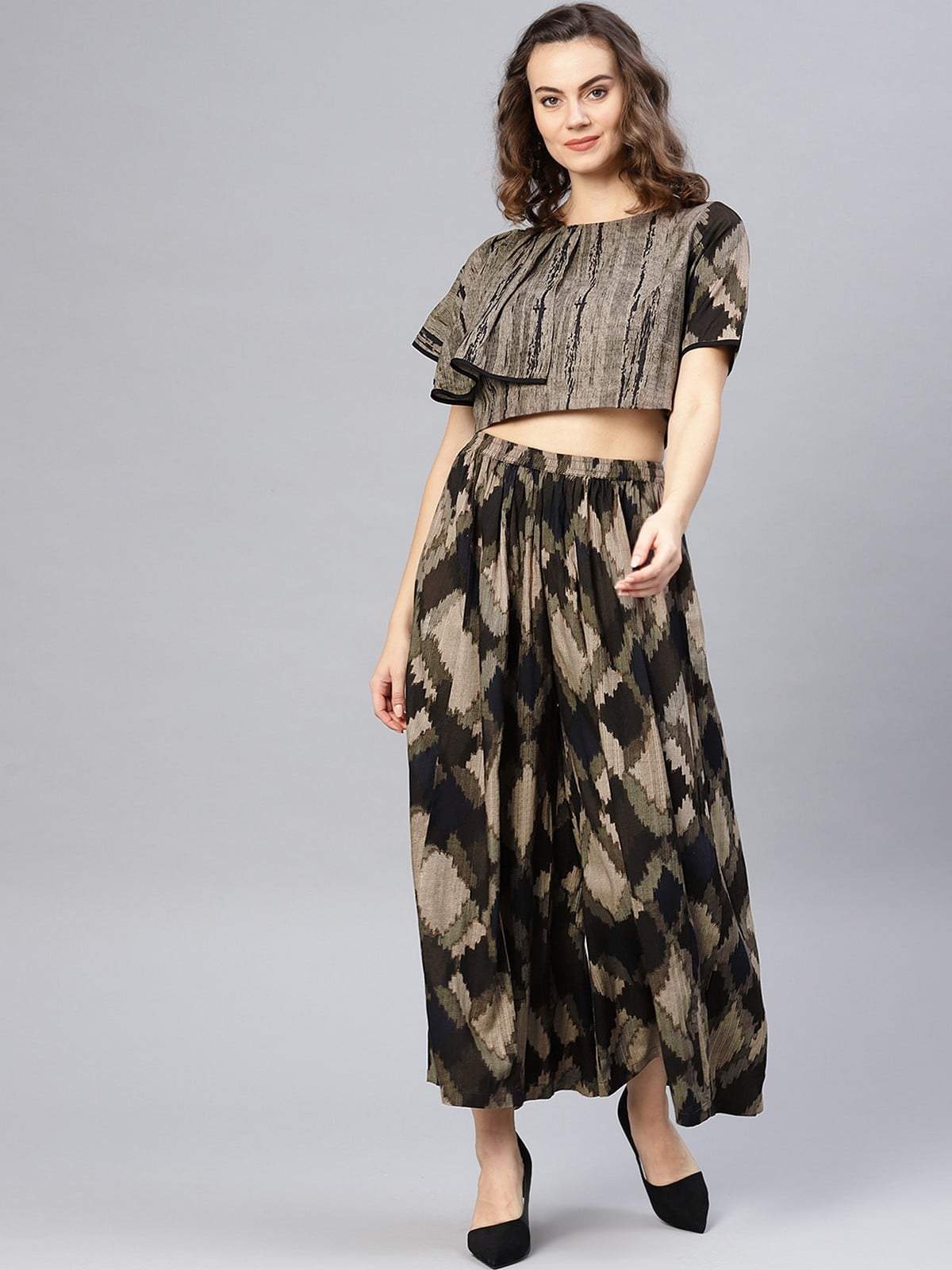 Women's Block Printed Asymmetric Top With Skirt - Pannkh