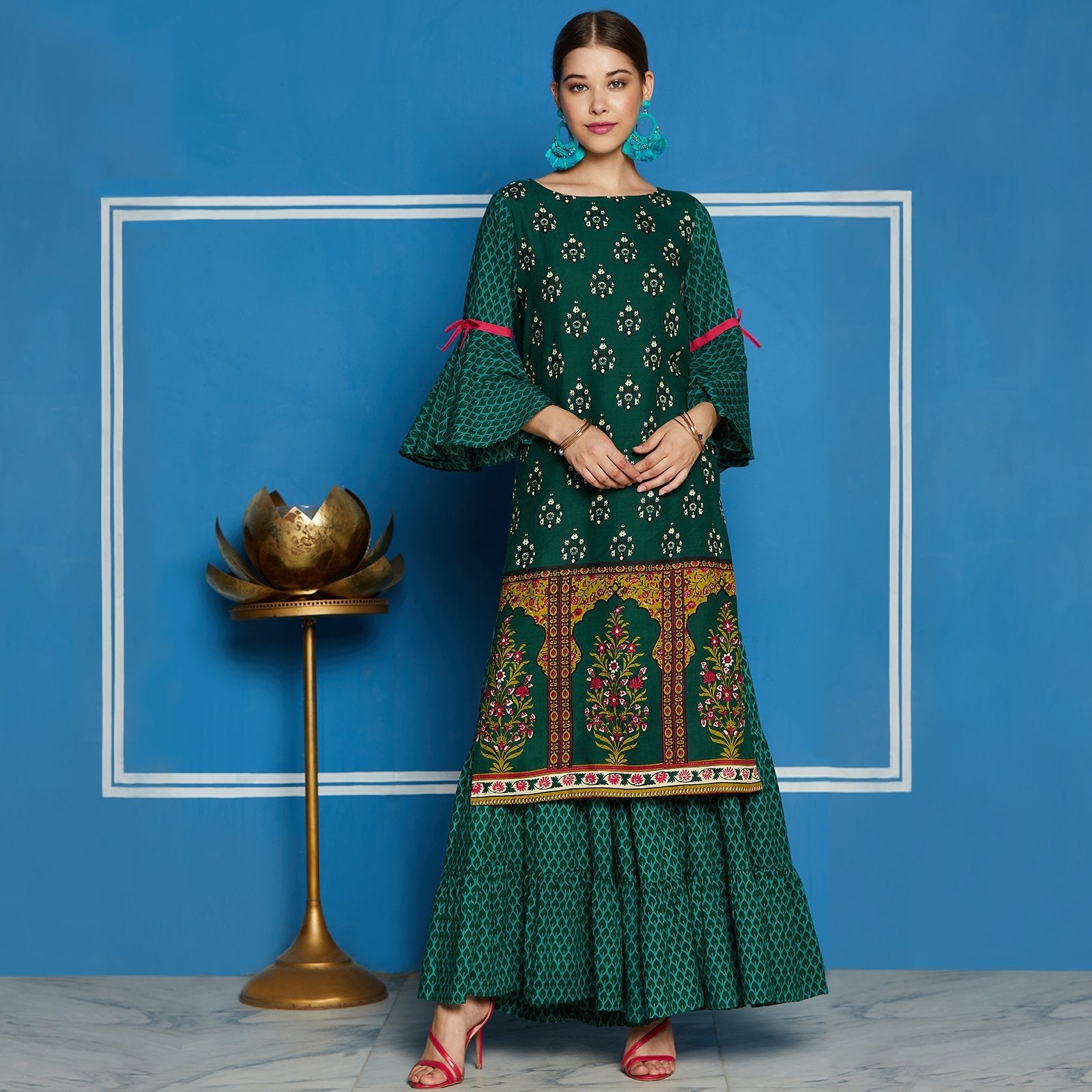 Women's Green Mughal Printed Kurta With Sharara Pants - Pannkh