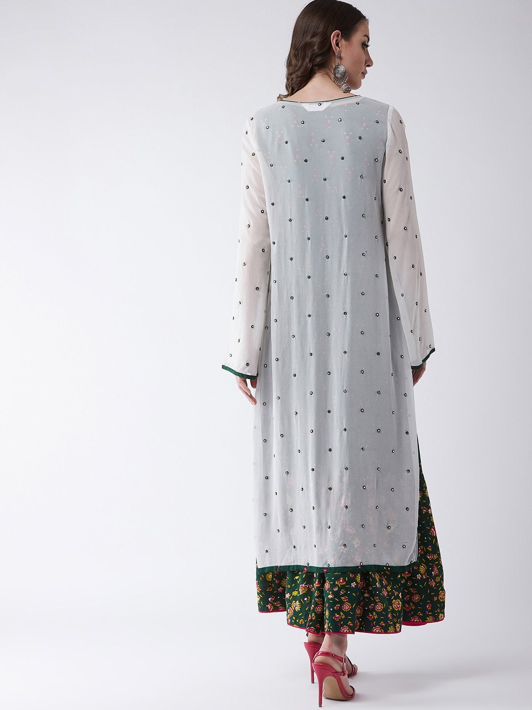 Women's Green Mughal Printed Top  With Skirt And Embroidered Shrug - Pannkh