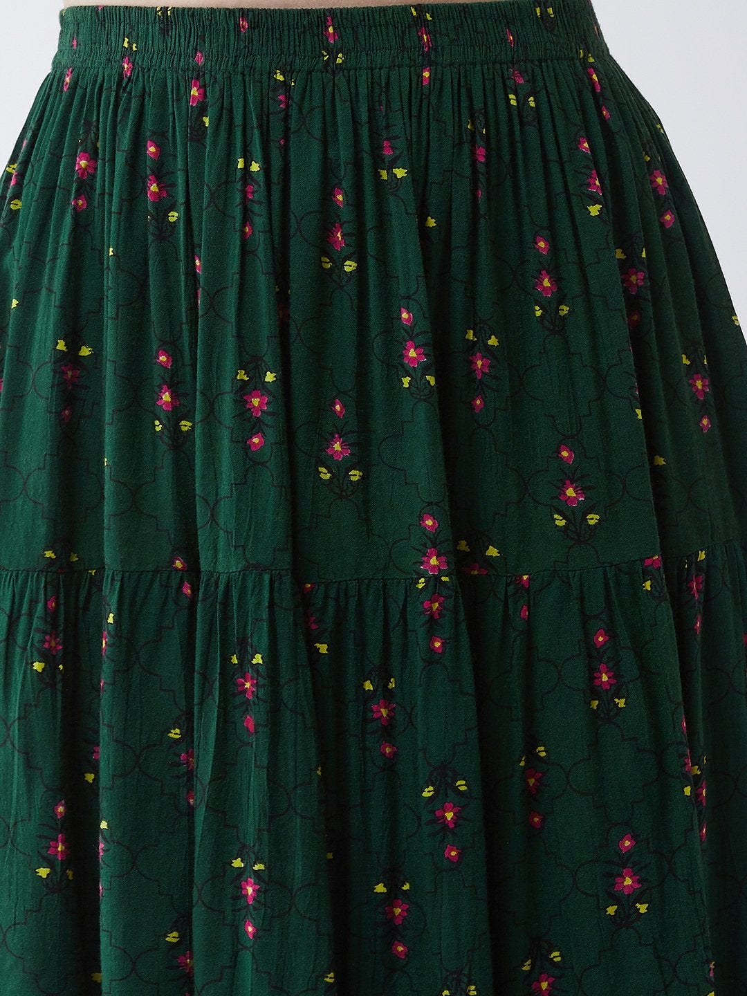 Women's Green Mughal Printed Top  With Skirt And Embroidered Shrug - Pannkh