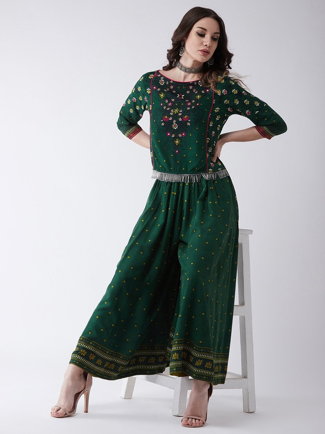 Women's Green Mughal High-Low Top With Kalidaar Palazzo - Pannkh