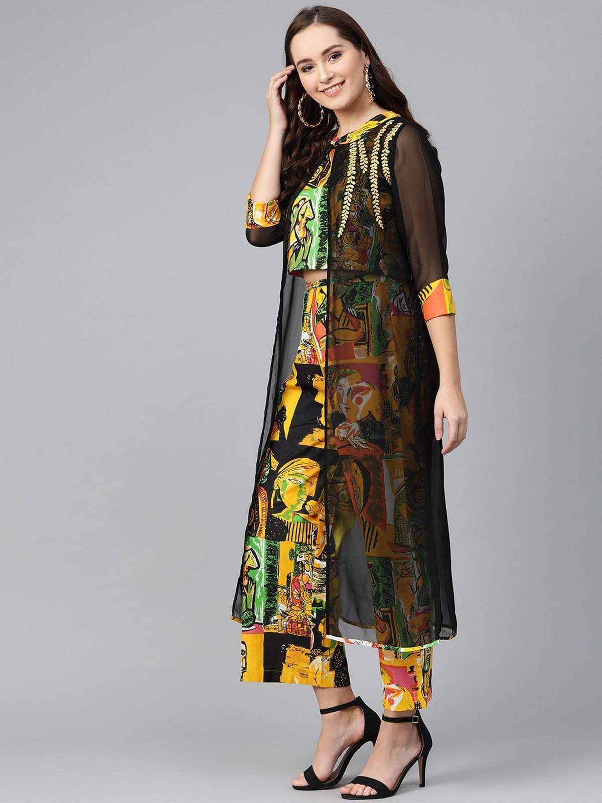 Women's Embroidered Jacket With Printed Top And Pants - Pannkh