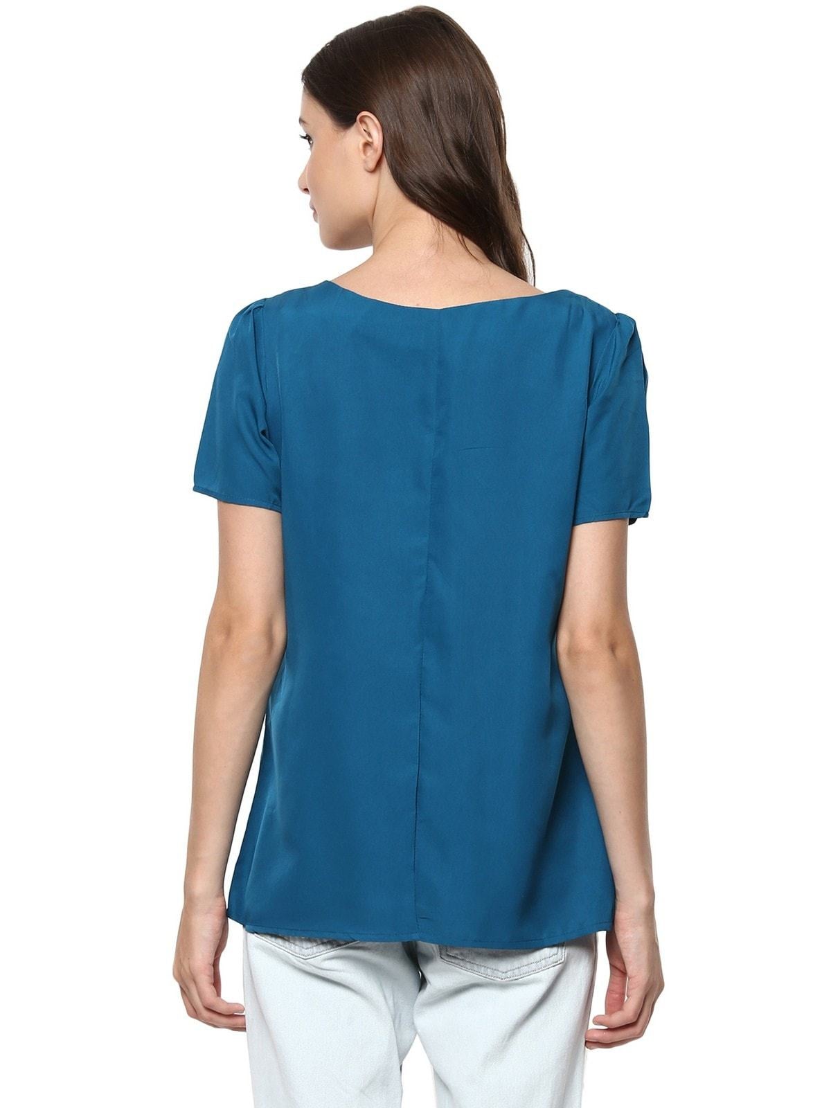 Women's Blue Top Detailed With Gathered Sleeves And Diagonal Zip - Pannkh