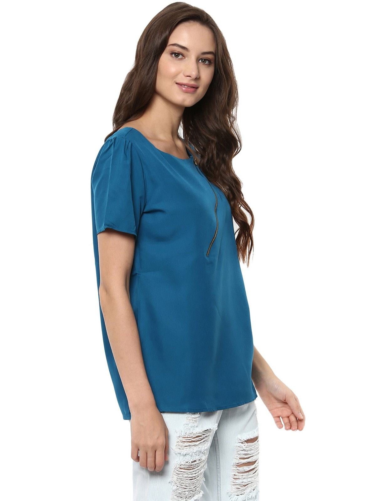 Women's Blue Top Detailed With Gathered Sleeves And Diagonal Zip - Pannkh