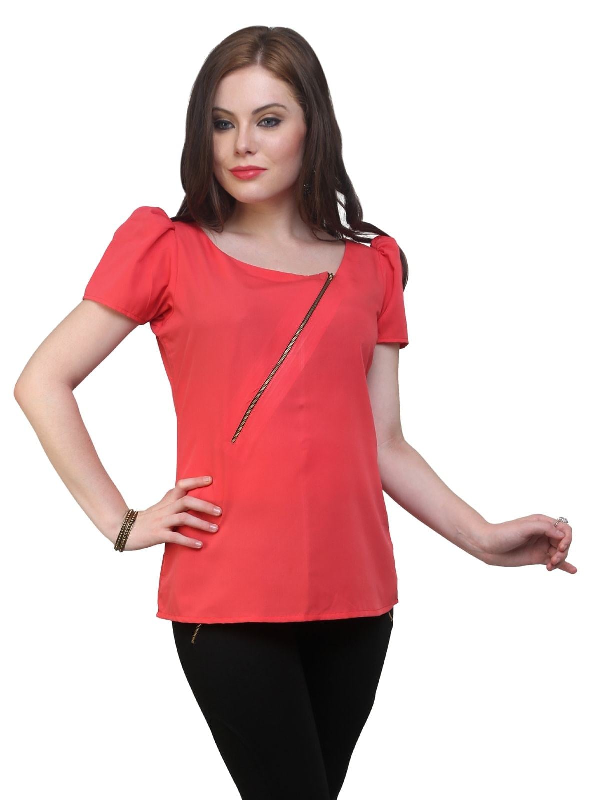 Women's Coral Top Detailed With Gathered Sleeves And Diagonal Zip - Pannkh