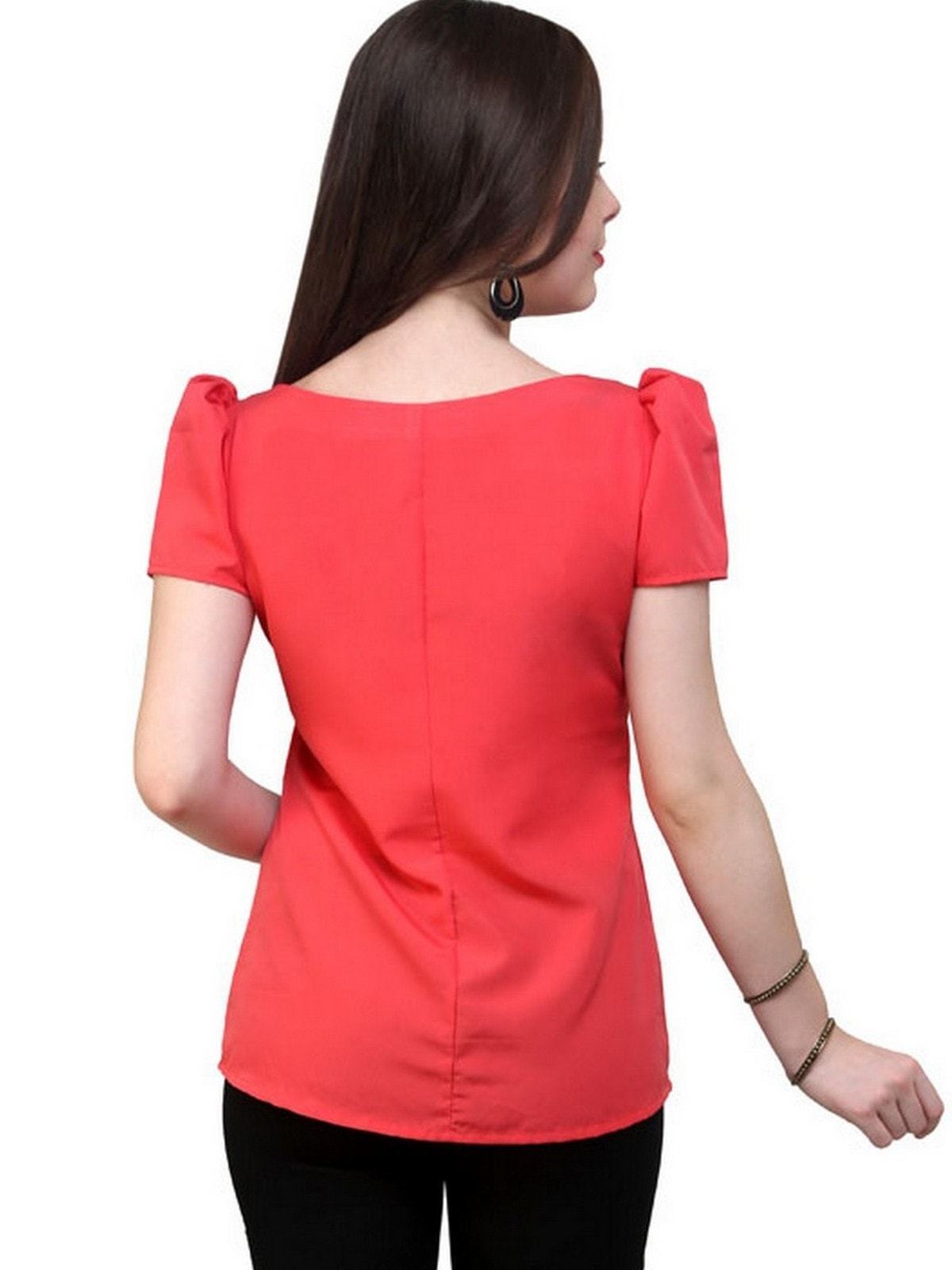 Women's Coral Top Detailed With Gathered Sleeves And Diagonal Zip - Pannkh