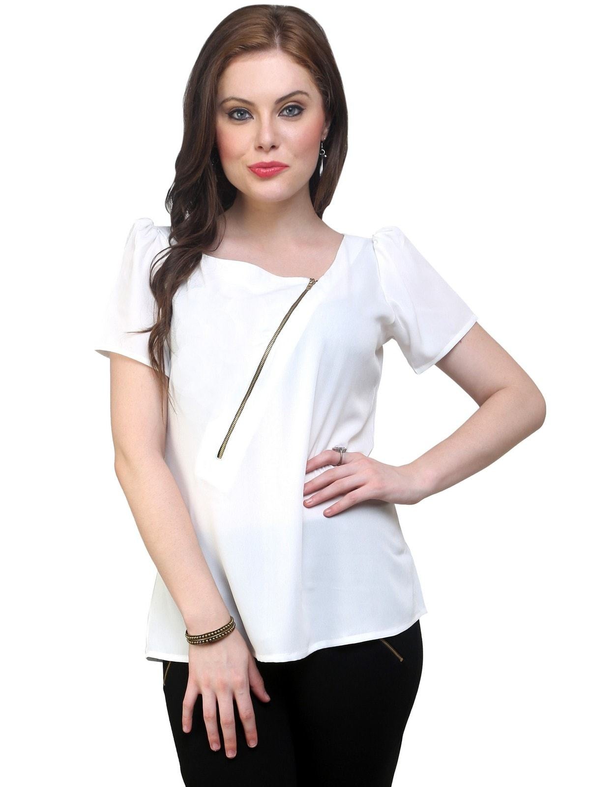 Women's White Top Detailed With Gathered Sleeves And Diagonal Zip - Pannkh