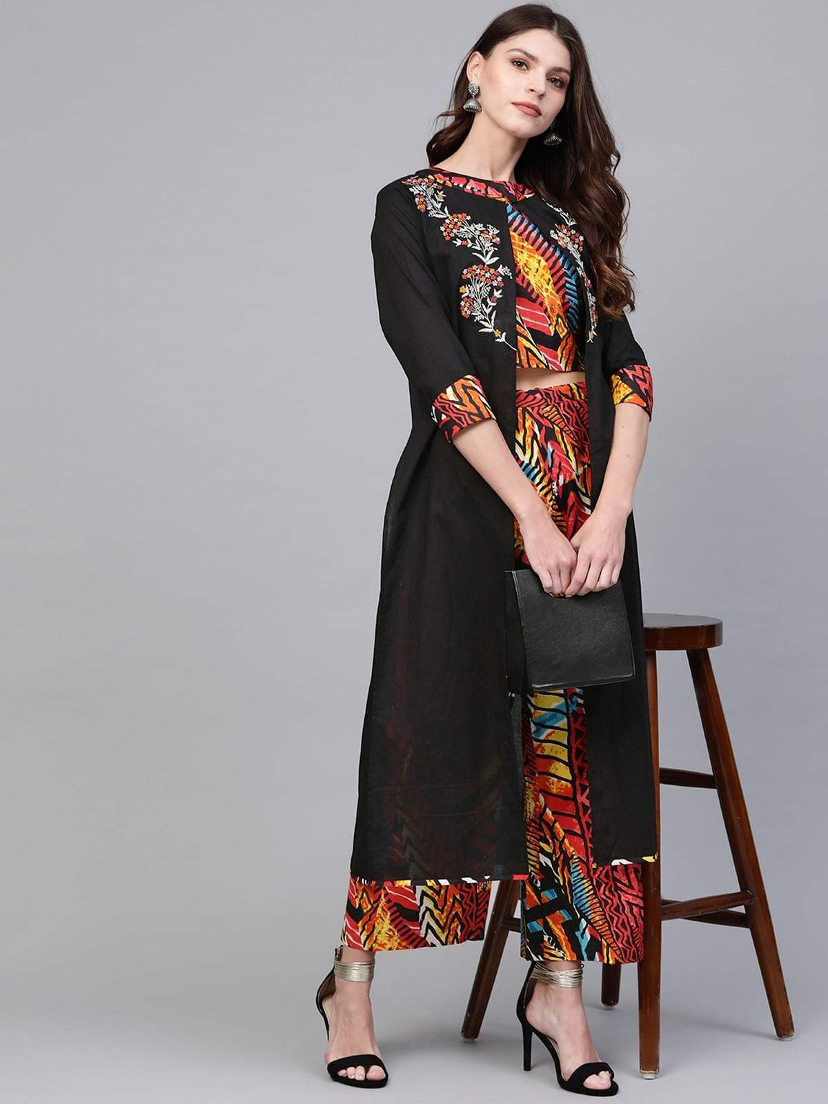 Women's Embroidered Shrug With Printed Top And Pants - Pannkh