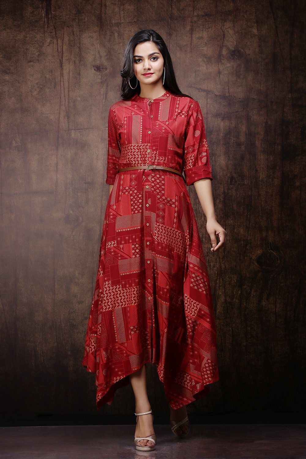 Women's Maroon Rayon Printed Asymmetric Dress With Belt - Juniper