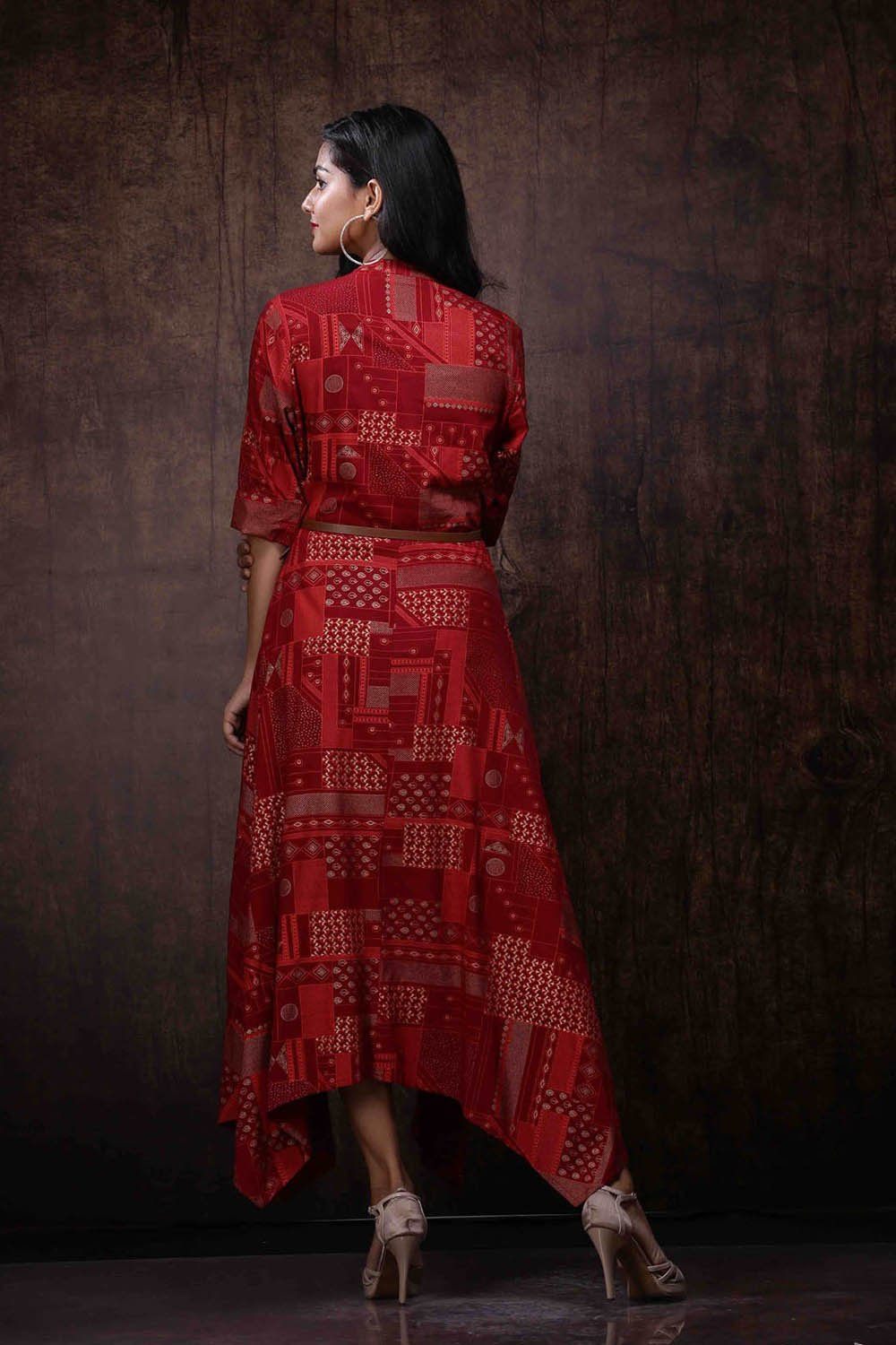 Women's Maroon Rayon Printed Asymmetric Dress With Belt - Juniper