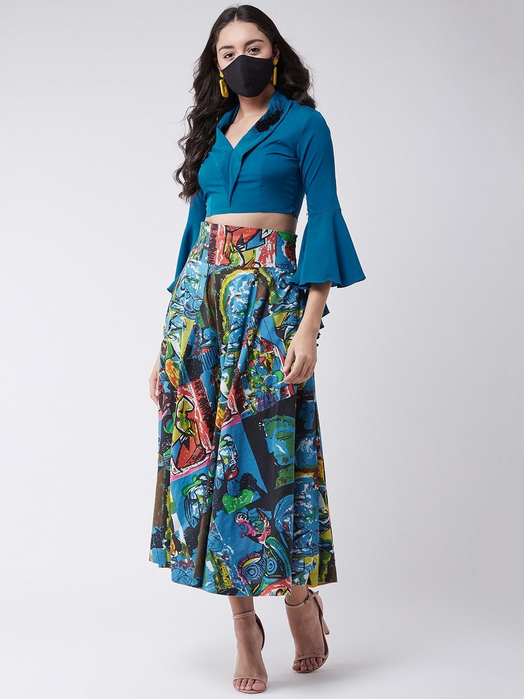 Women's Embroidered Crop Top With Picasso Printed Skirt - Pannkh