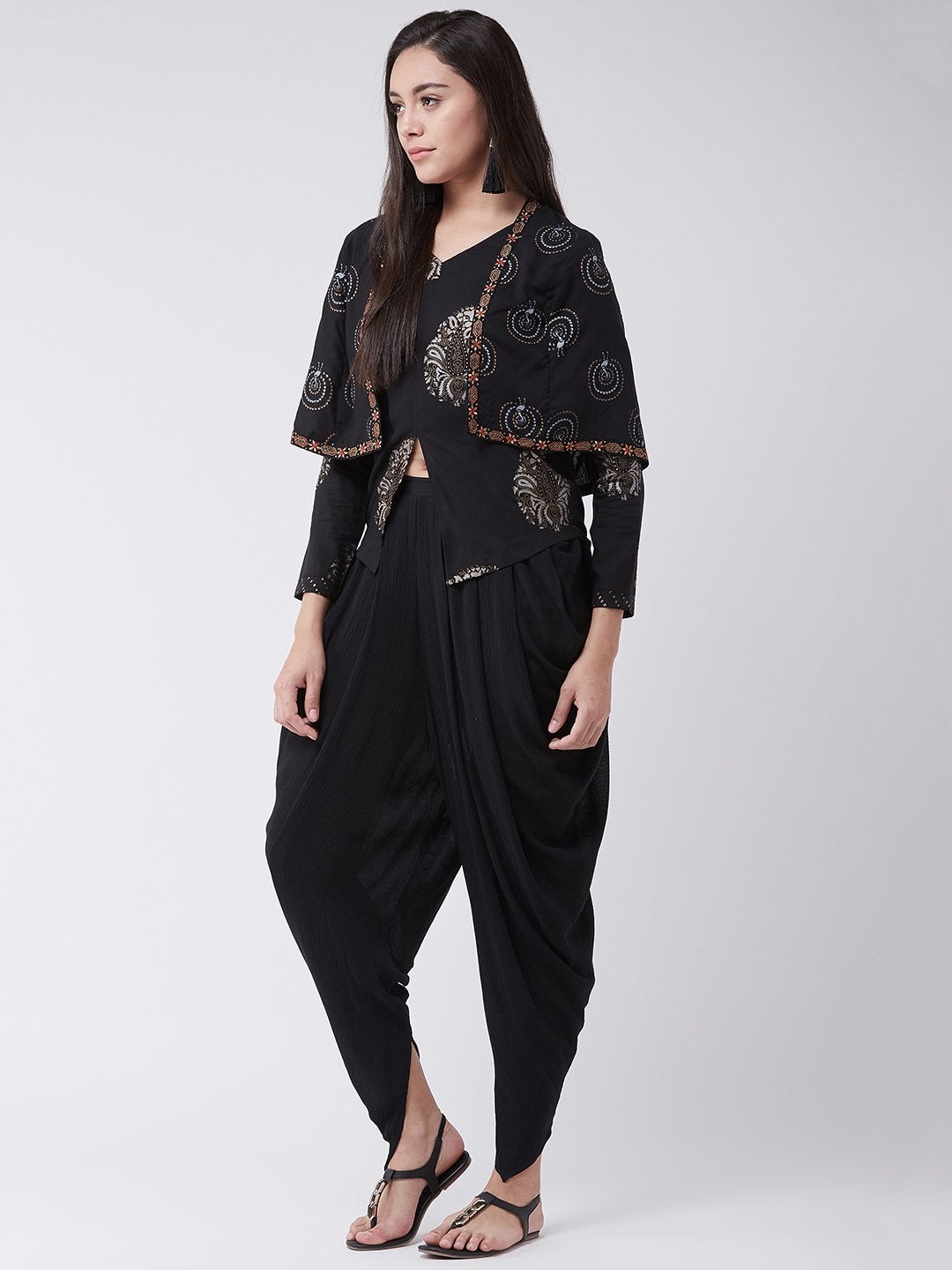 Women's Top And  Dhoti Set With Stylish Cape - Pannkh
