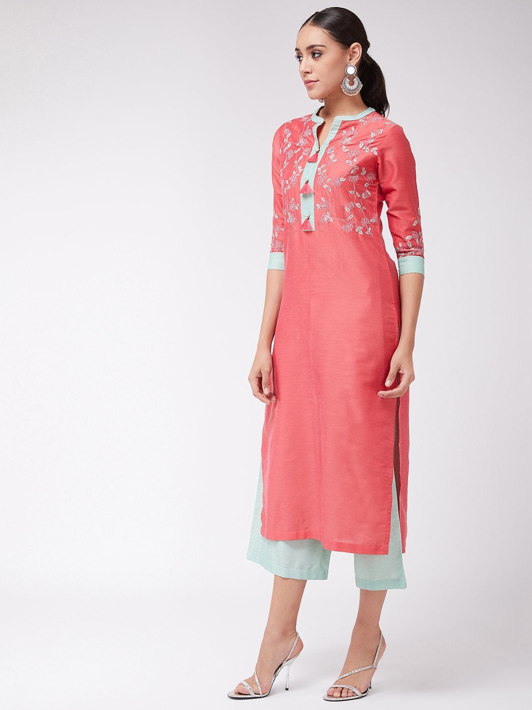 Women's Straight Fit Embroidered Kurta With Palazzo - Pannkh