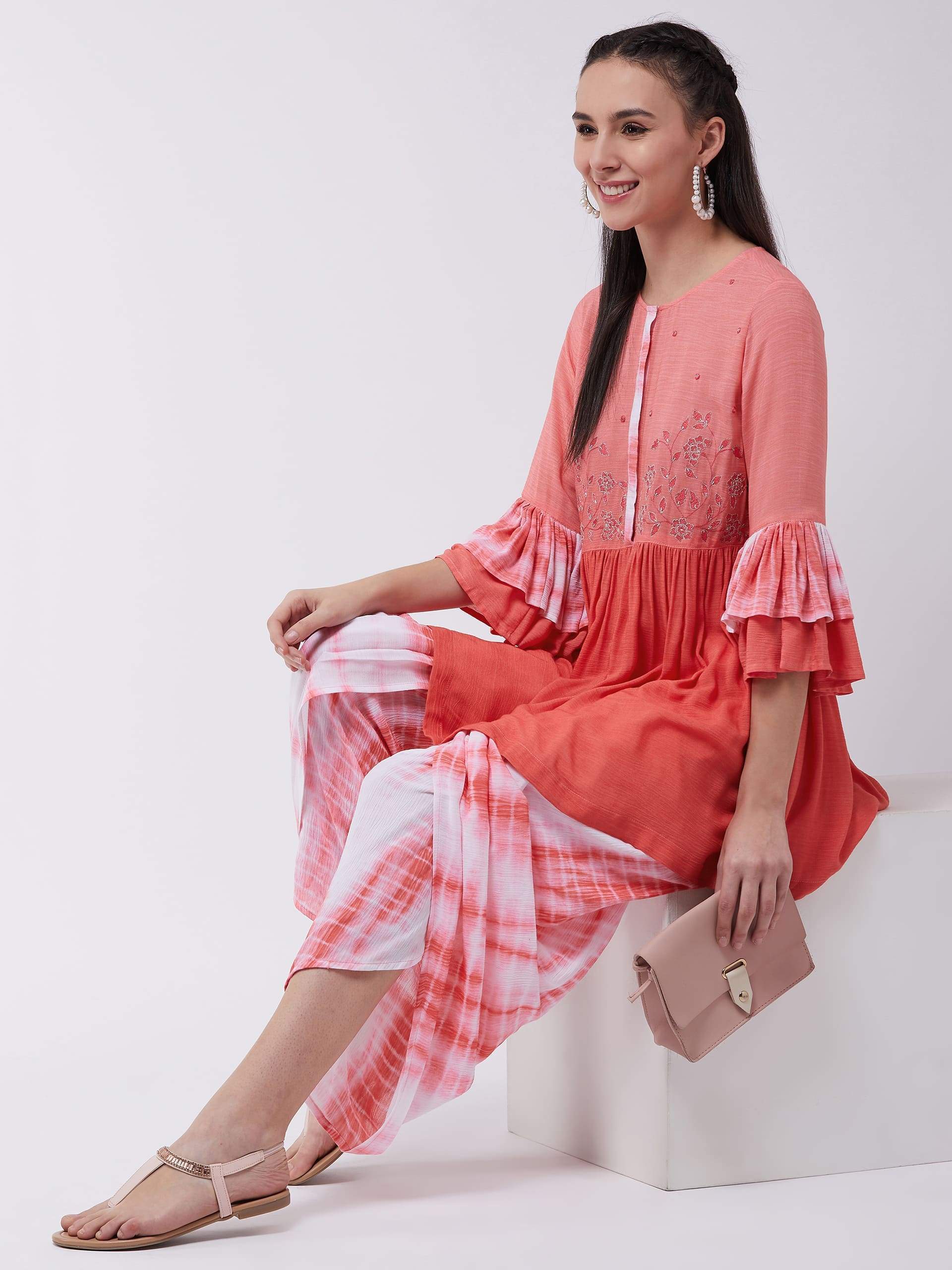 Women's Ombre Tie-Dye Top With Dhoti Set With Embroidery - Pannkh