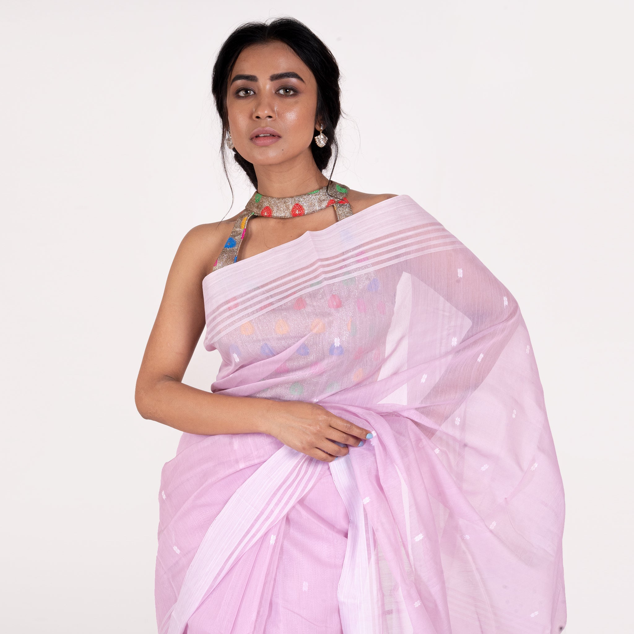 Women's Pink Cotton Silk Chanderi Saree With White Border Booti And Pallu - Boveee