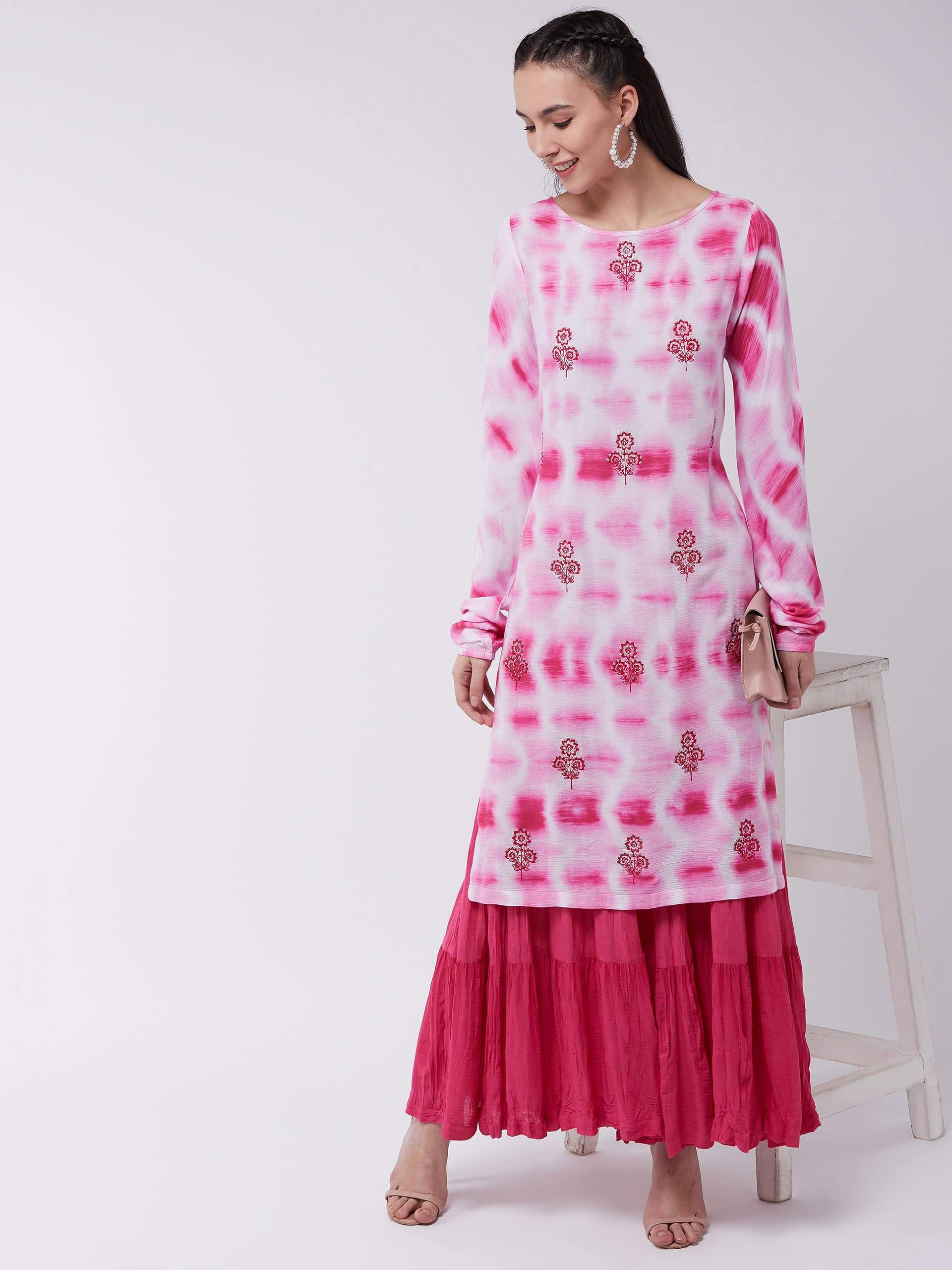 Women's Ombre Tie-Dye Embroidered Kurta With Sharara Set - Pannkh