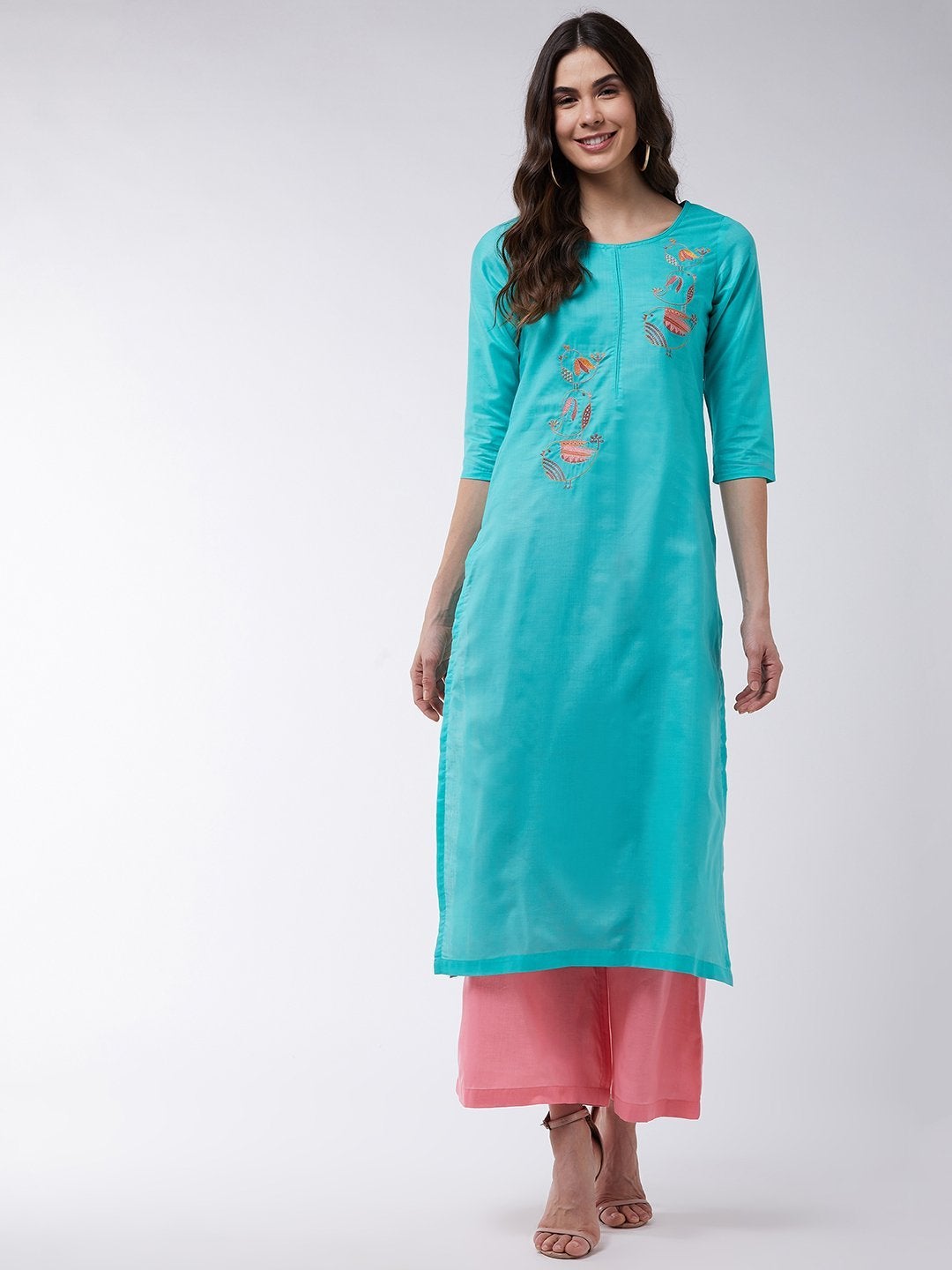 Women's Blue Embroidered Kurta With Contrasting Pants - Pannkh