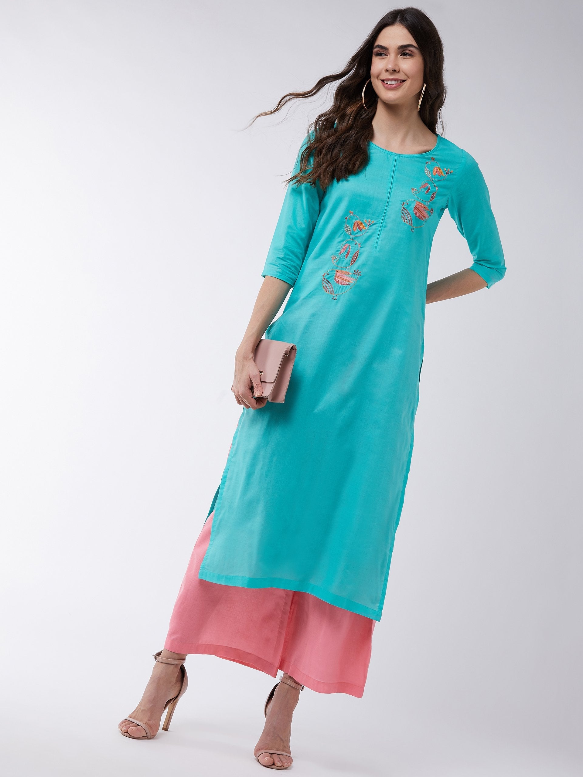 Women's Blue Embroidered Kurta With Contrasting Pants - Pannkh