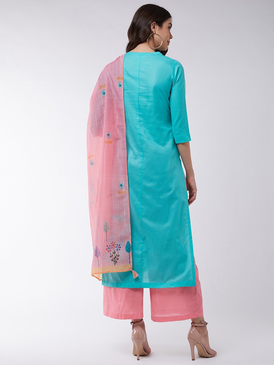 Women's Blue Embroidered Kurta With Pants And Pink Digital Printed Dupatta - Pannkh