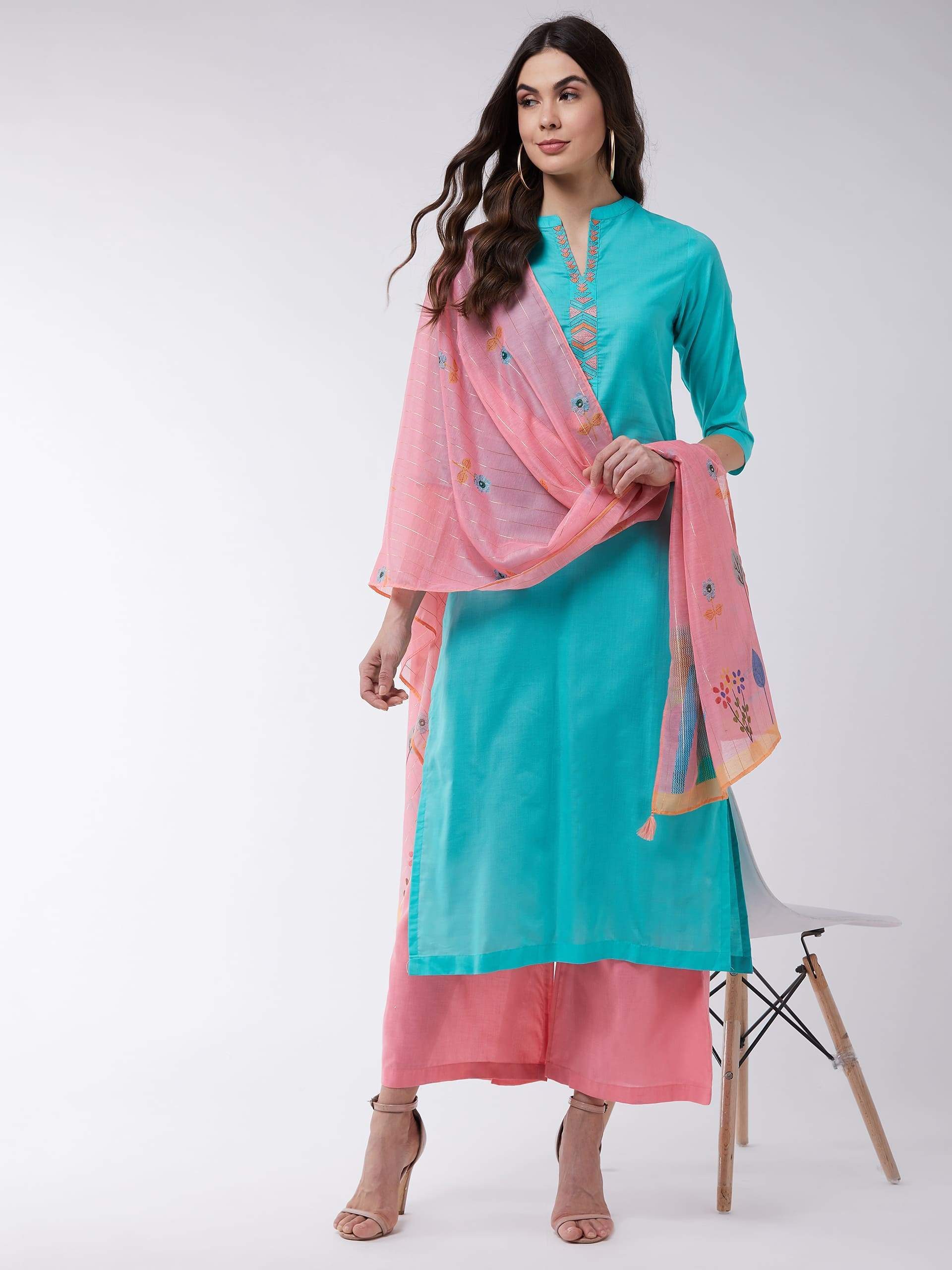 Women's Blue Embroidered Kurta With Pants And Pink Digital Printed Dupatta - Pannkh