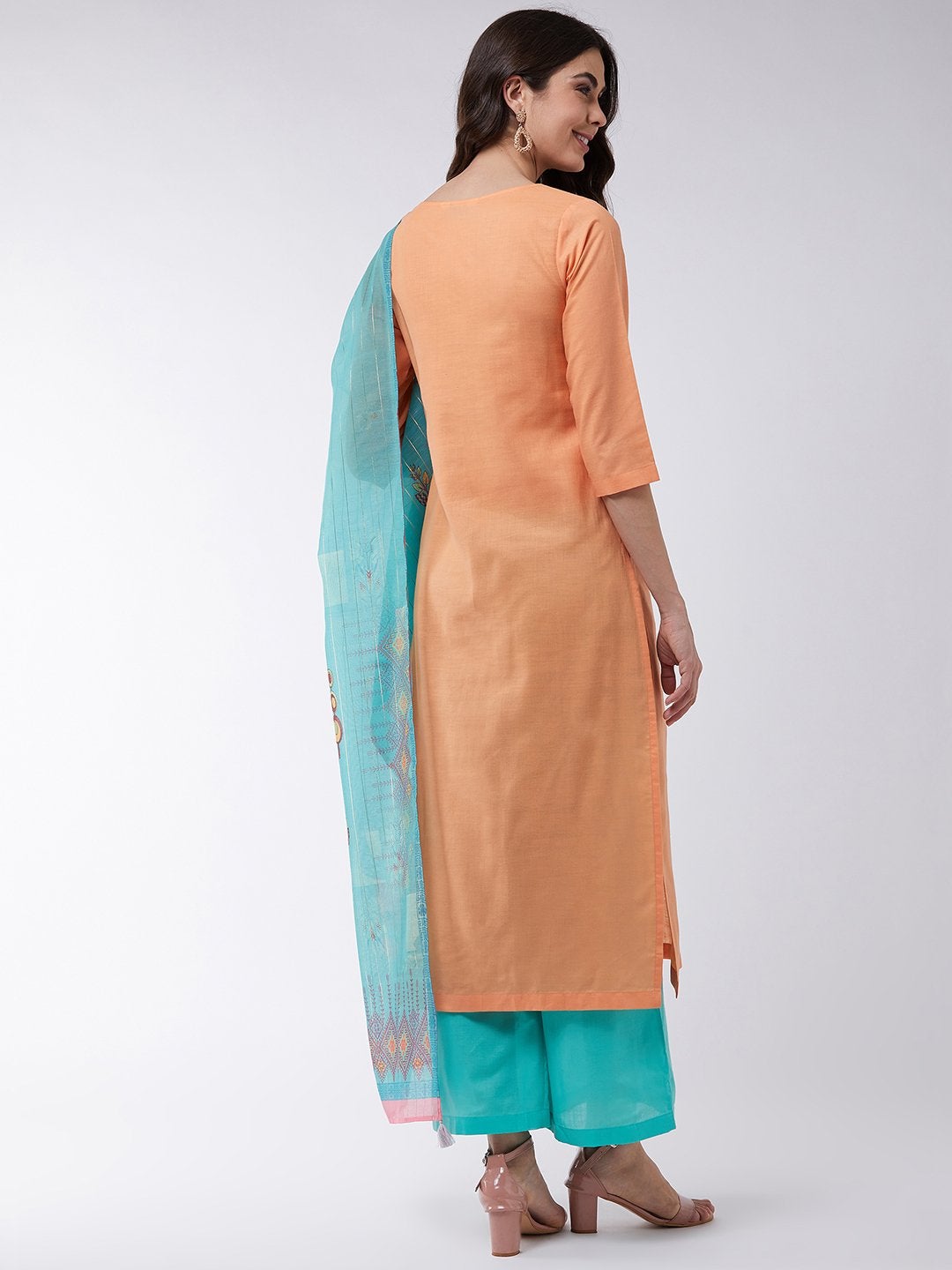 Women's Orange Embroidered Kurta With Pants And Green Digital Printed Dupatta - Pannkh