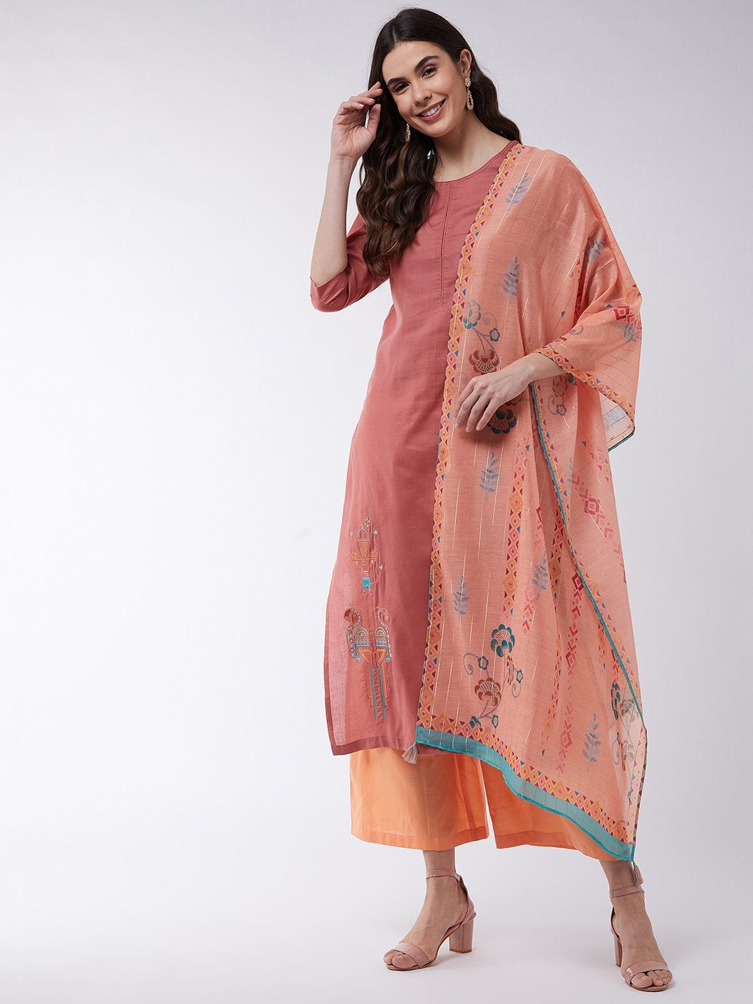 Women's Dusty Pink Embroidered Kurta With Pants And Orange Digital Printed Dupatta - Pannkh