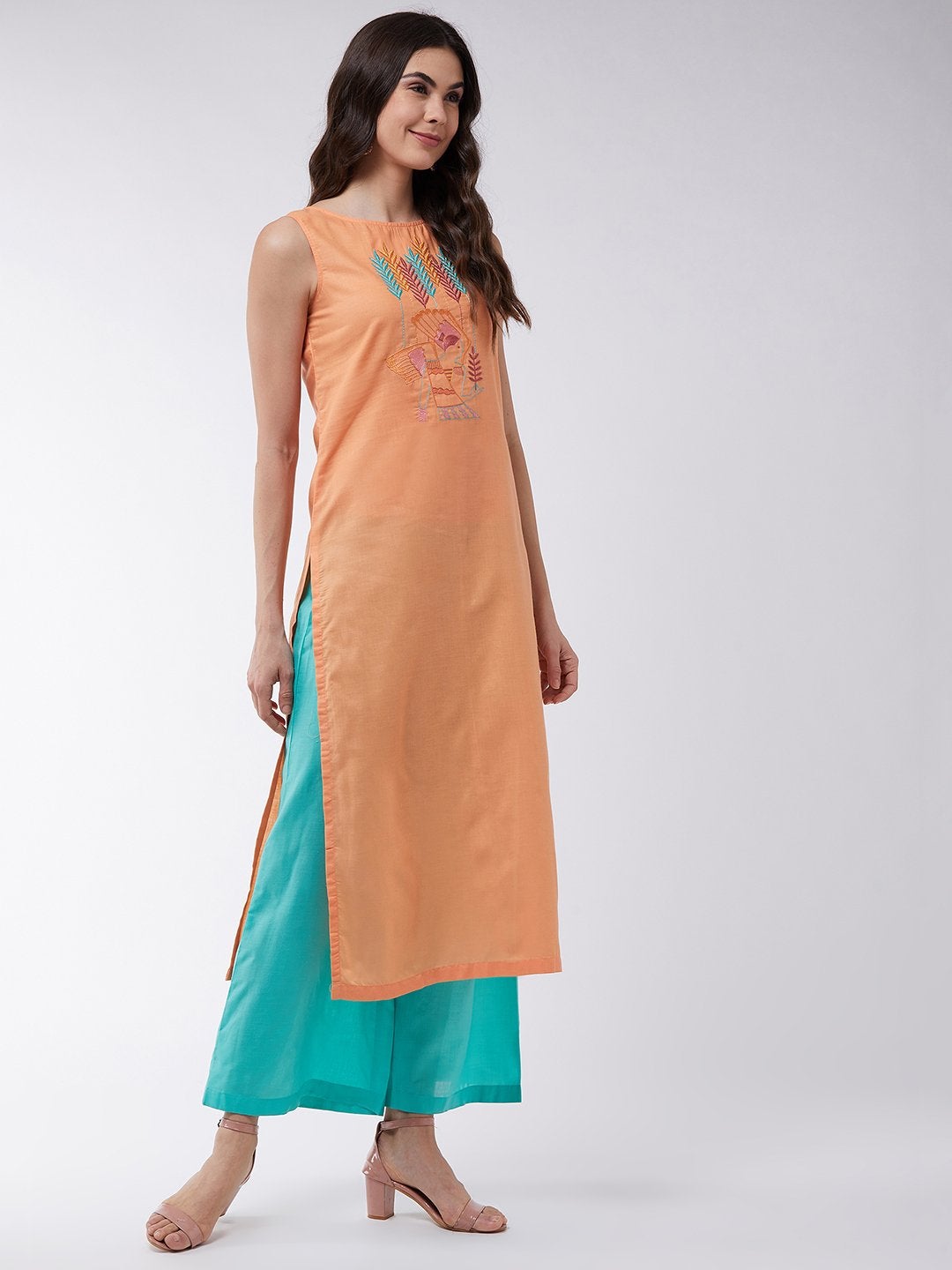 Women's Orange Embroidered Sleeveless Kurta With Pants - Pannkh