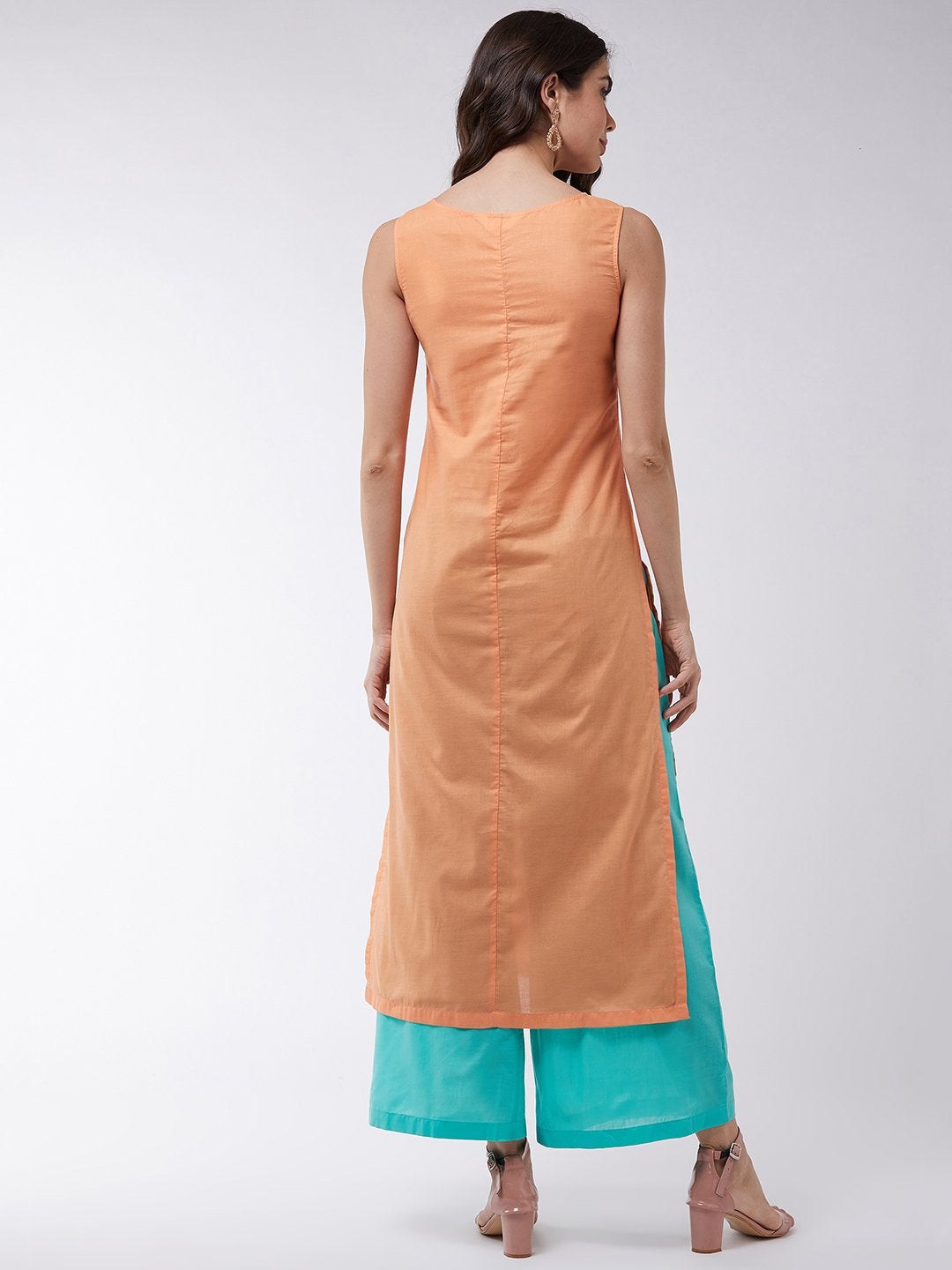 Women's Orange Embroidered Sleeveless Kurta With Pants - Pannkh