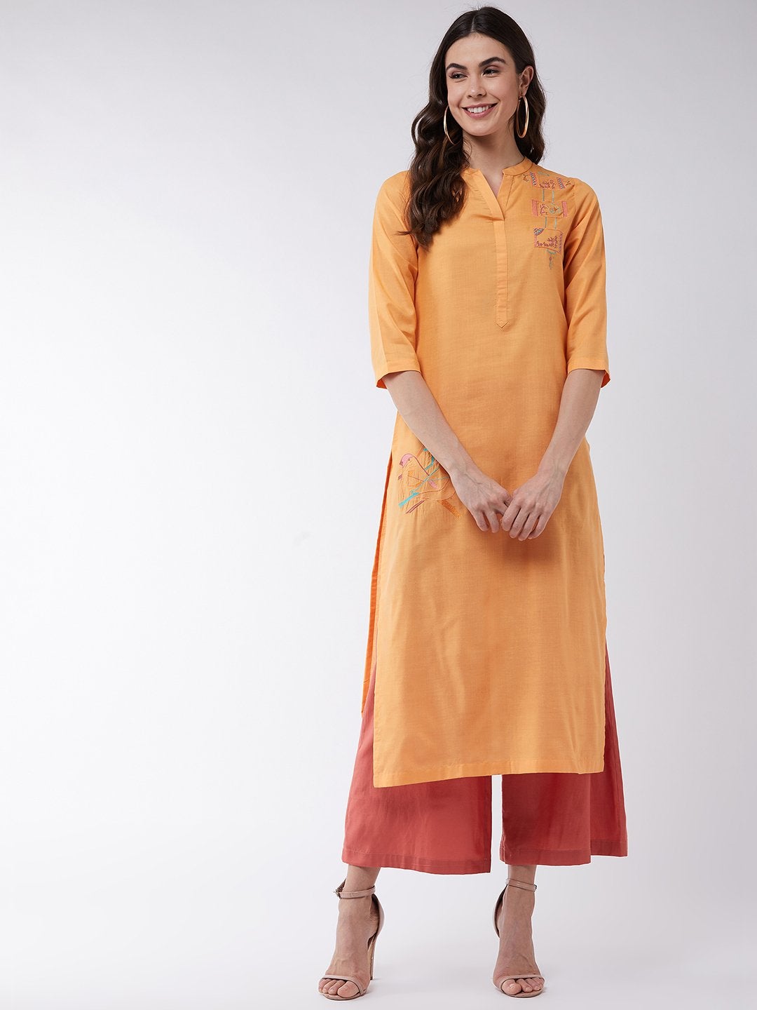 Women's Orange Embroidered Quarter Sleeves Kurta With Pants - Pannkh