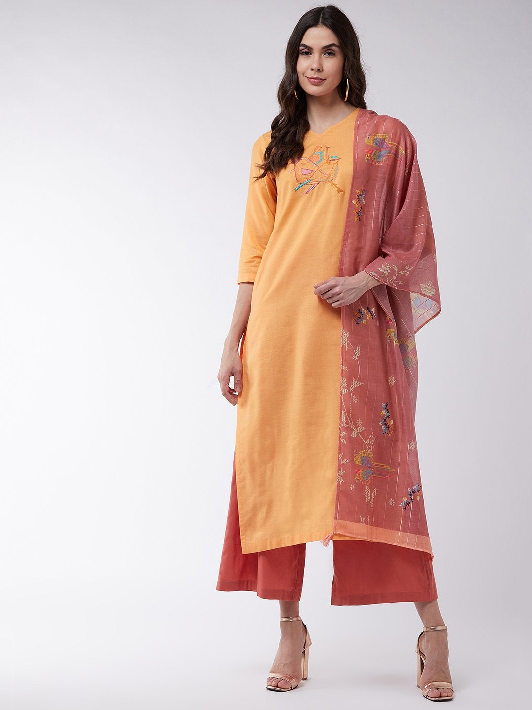 Women's Light Orange Embroidered Quarter Sleeves Kurta With Pants And Digital Printed Dupatta - Pannkh