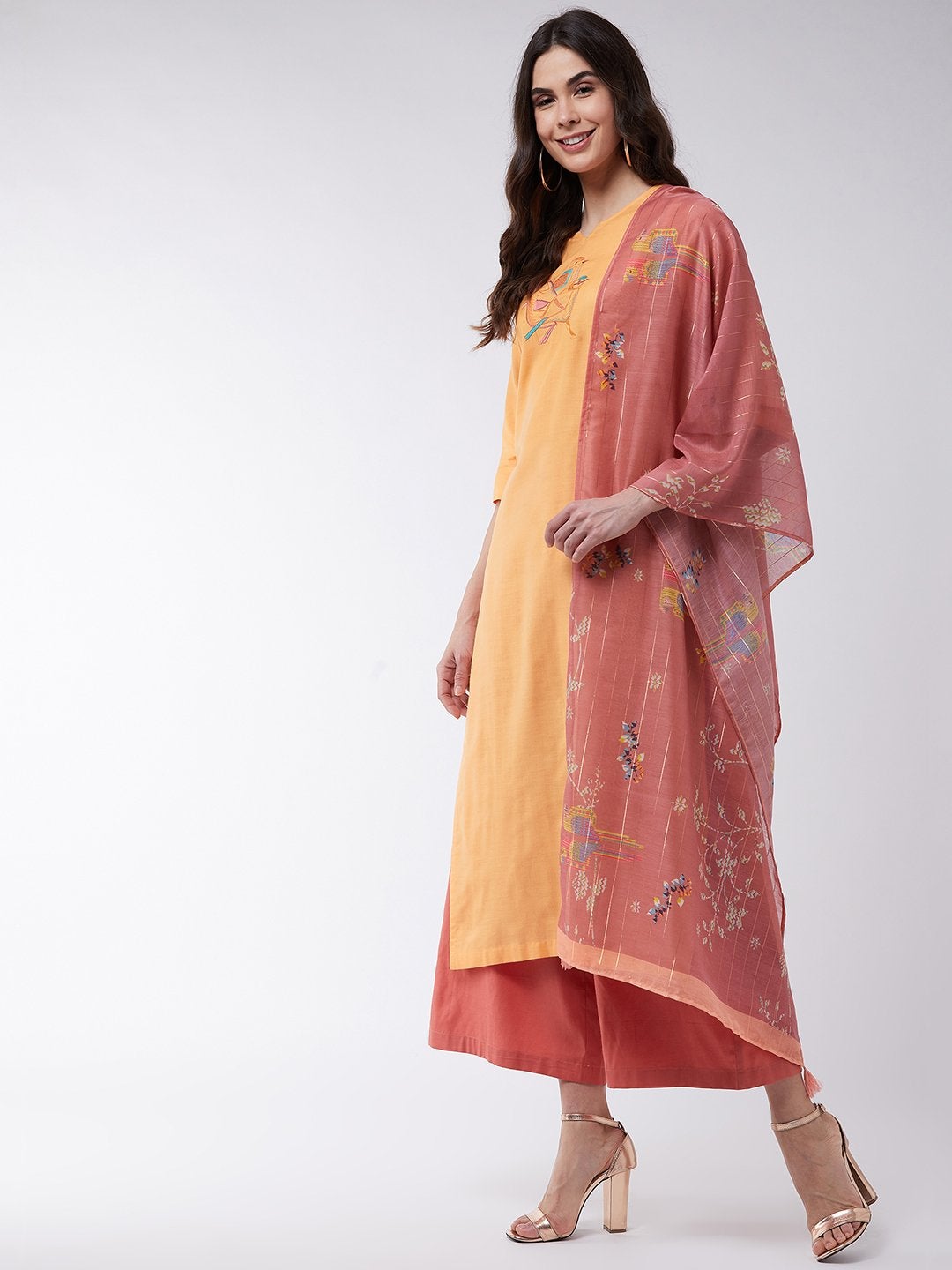 Women's Light Orange Embroidered Quarter Sleeves Kurta With Pants And Digital Printed Dupatta - Pannkh