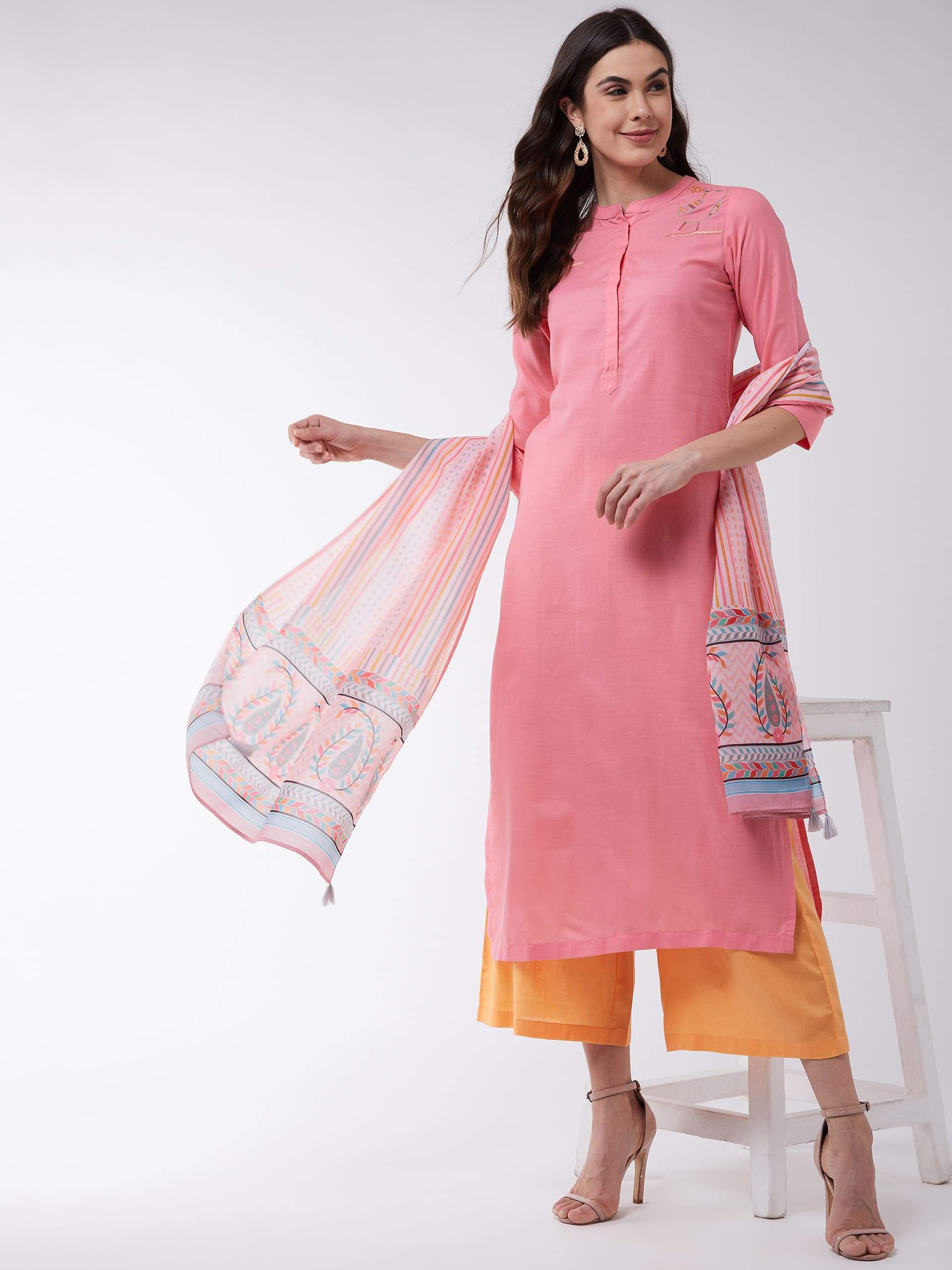 Women's Pink Embroidered Kurta With Pants And Digital Printed Dupatta - Pannkh