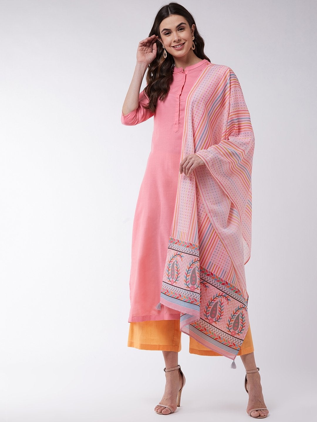 Women's Pink Embroidered Kurta With Pants And Digital Printed Dupatta - Pannkh