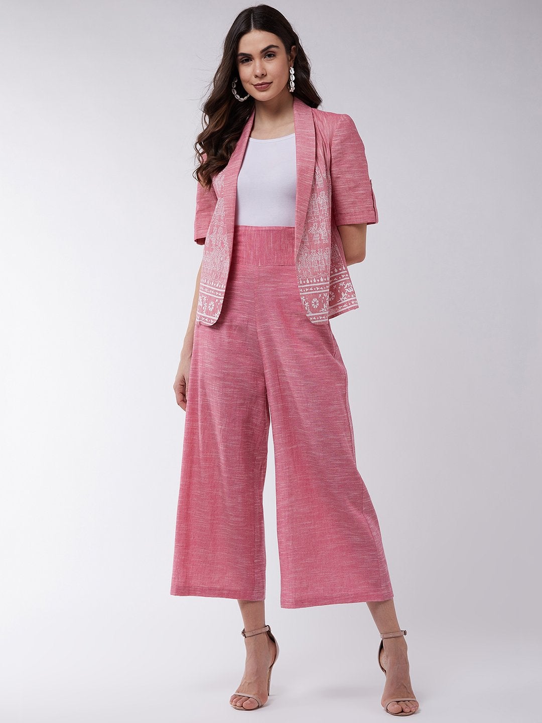 Women's Chambray Printed Blazer With High Waist Pant Set - Pannkh