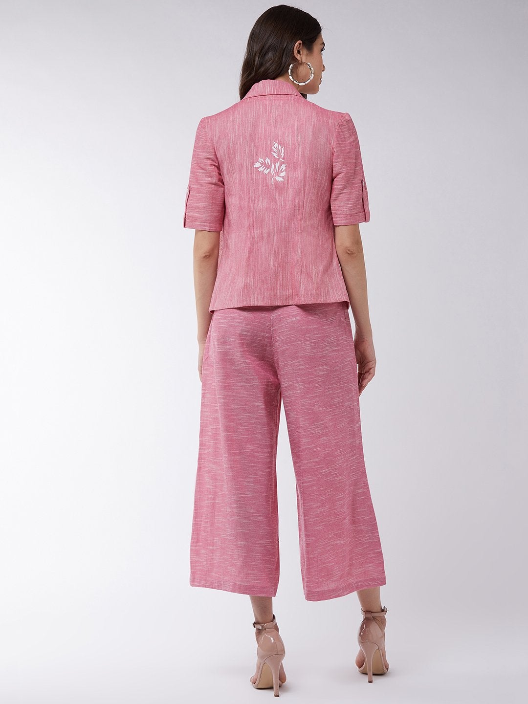 Women's Chambray Printed Blazer With High Waist Pant Set - Pannkh