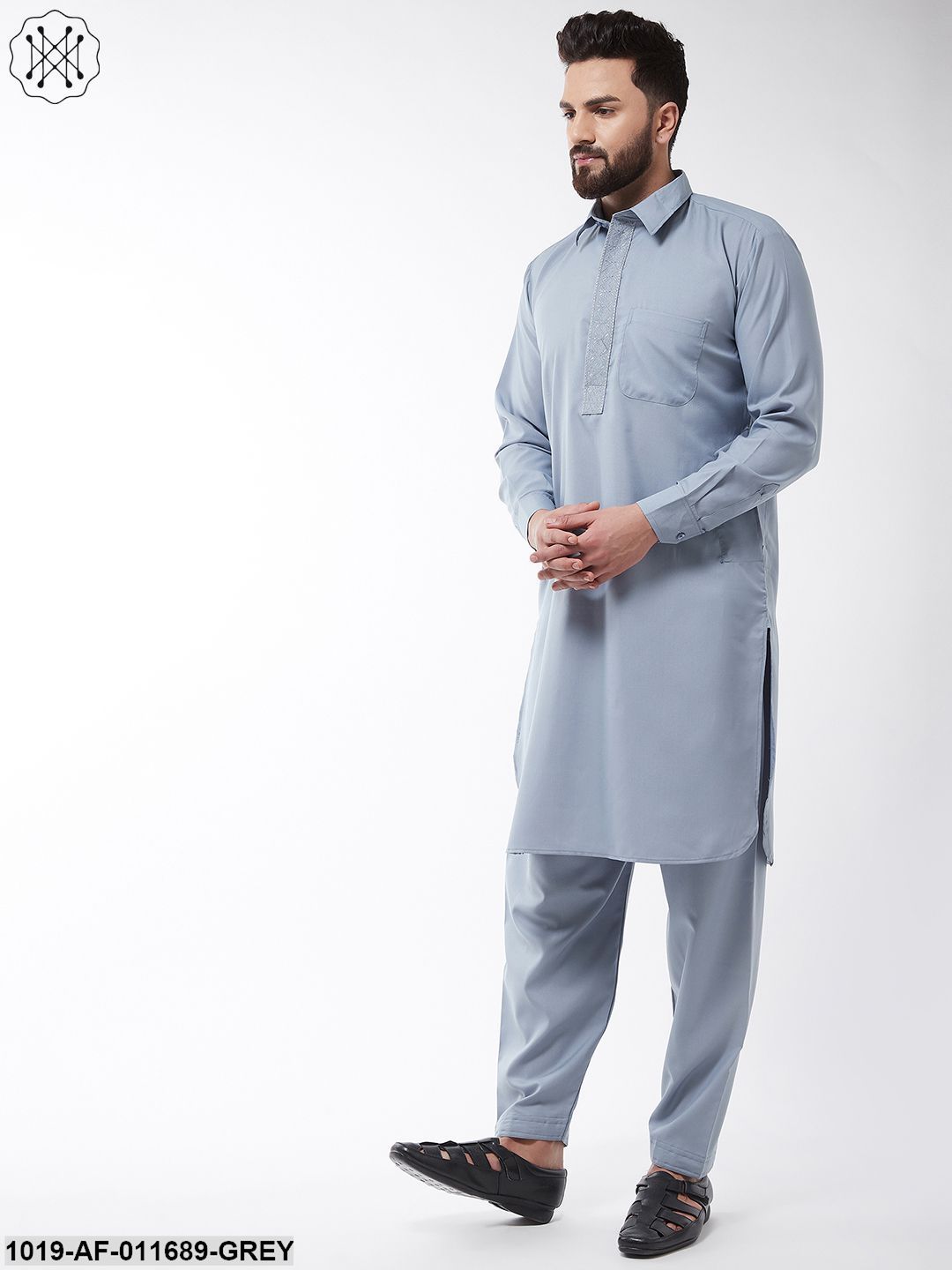 Men's Cotton Blend Grey Pathani Kurta With Salwar Set - Sojanya
