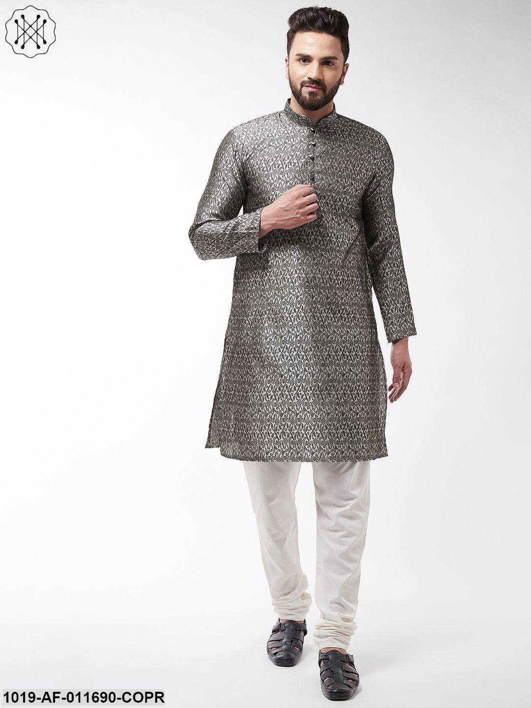 Men's Silk Blend Copper Kurta & Off White Churidar Pyjama Set