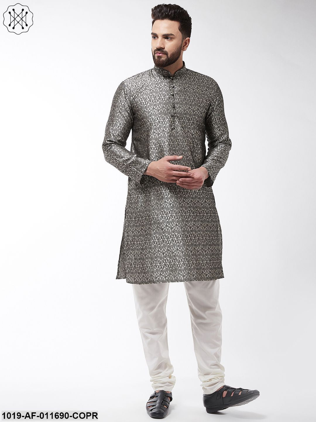 Men's Silk Blend Copper Kurta & Off White Churidar Pyjama Set