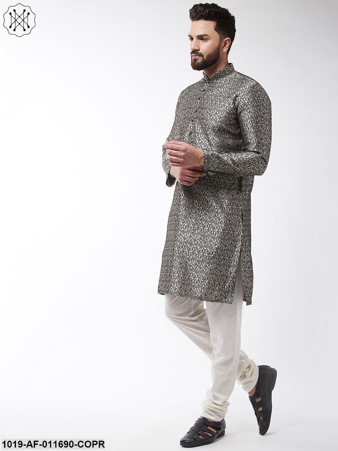 Men's Silk Blend Copper Kurta & Off White Churidar Pyjama Set