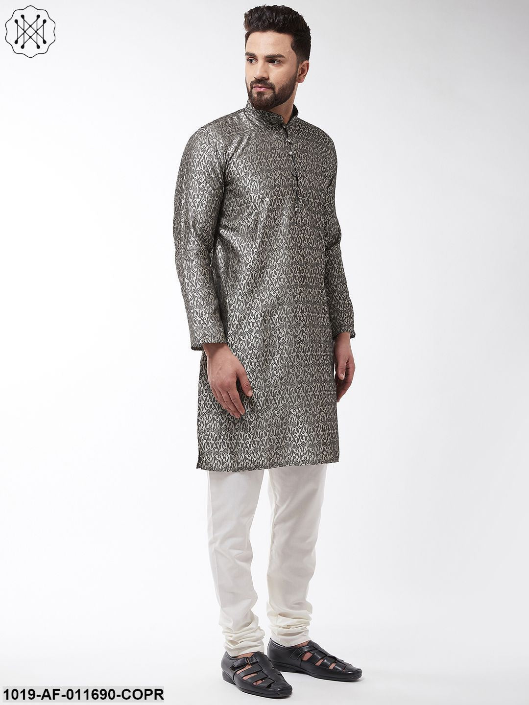 Men's Silk Blend Copper Kurta & Off White Churidar Pyjama Set