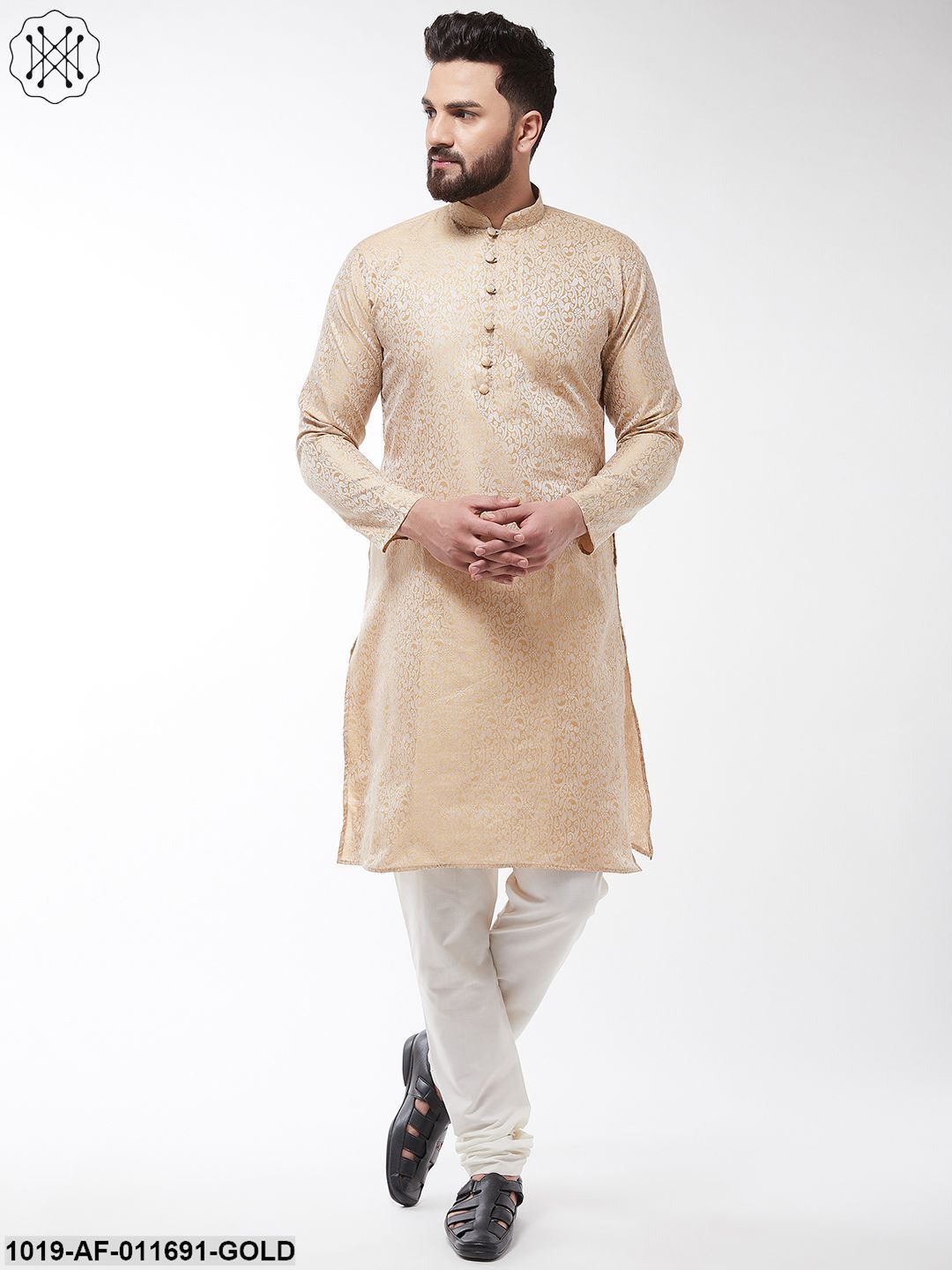 Men's Silk Blend Gold Kurta & Off White Churidar Pyjama Set - Sojanya