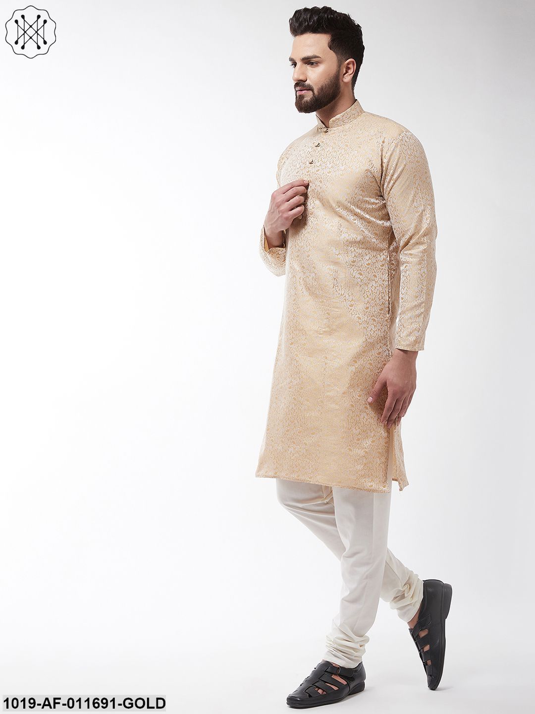 Men's Silk Blend Gold Kurta & Off White Churidar Pyjama Set - Sojanya