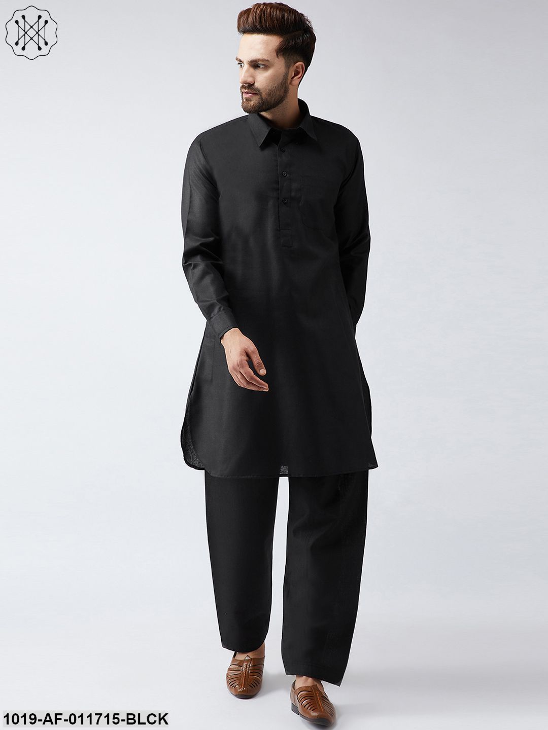 Men's Cotton Linen Black Kurta And Salwar Set