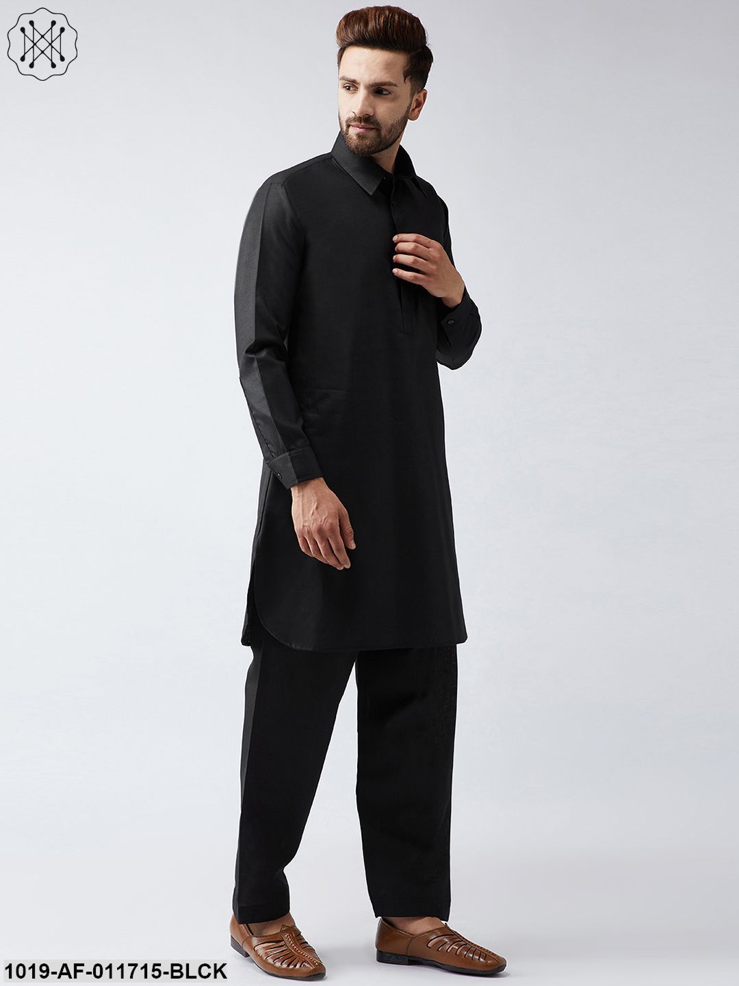Men's Cotton Linen Black Kurta And Salwar Set