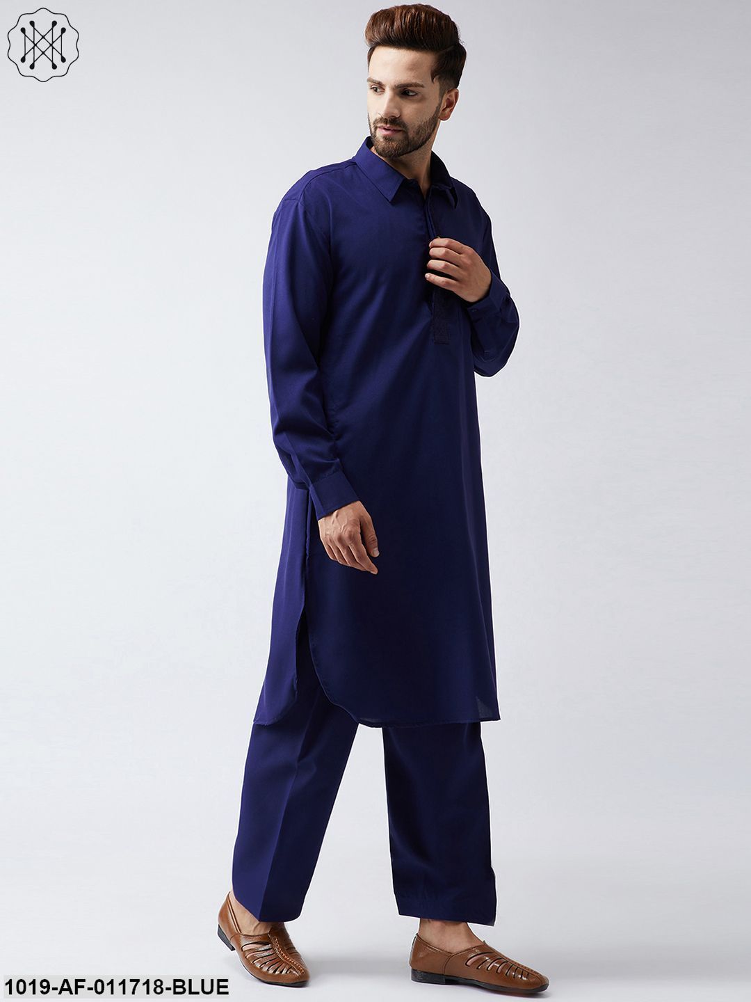 Men's Cotton Navy Blue Pathani Kurta Salwar Set - Sojanya