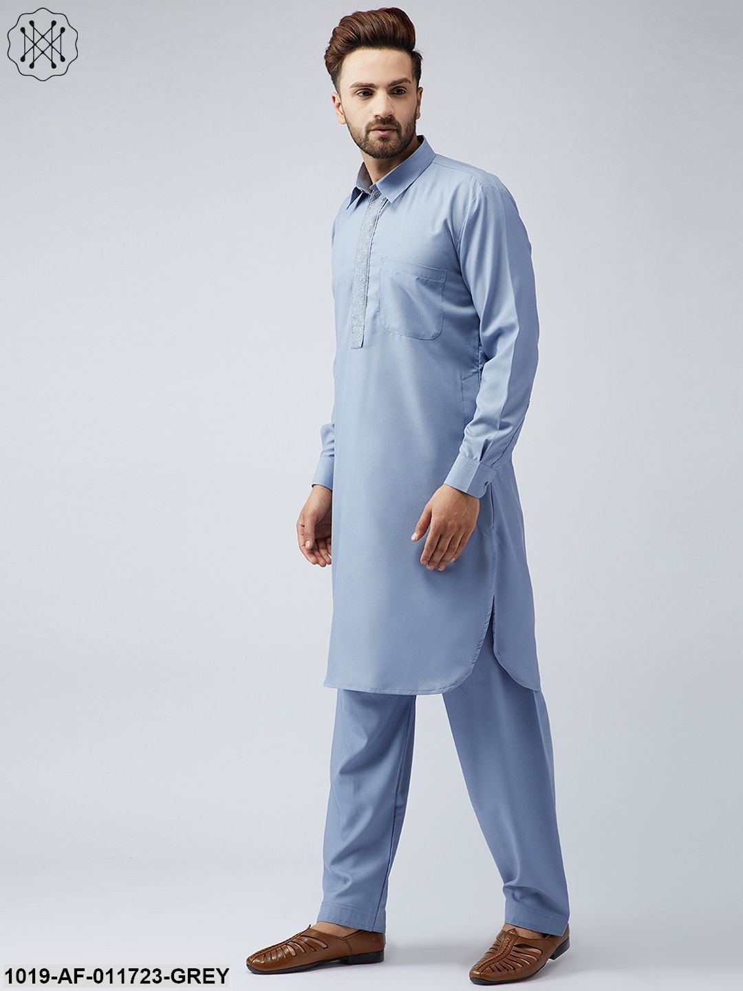 Men's Cotton Grey Pathani Kurta Salwar Set - Sojanya