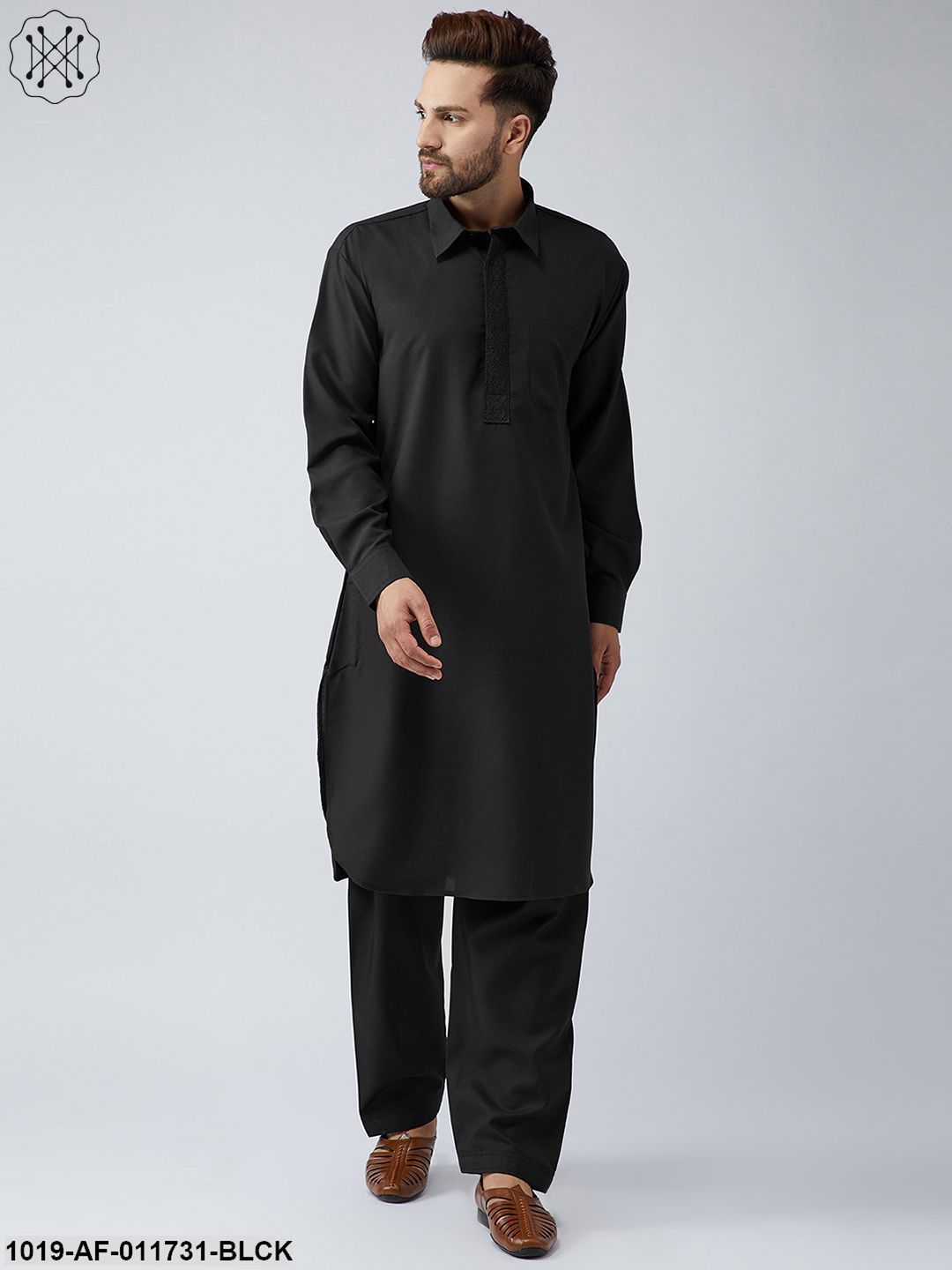 Men's Cotton Black Pathani Kurta Set - Sojanya